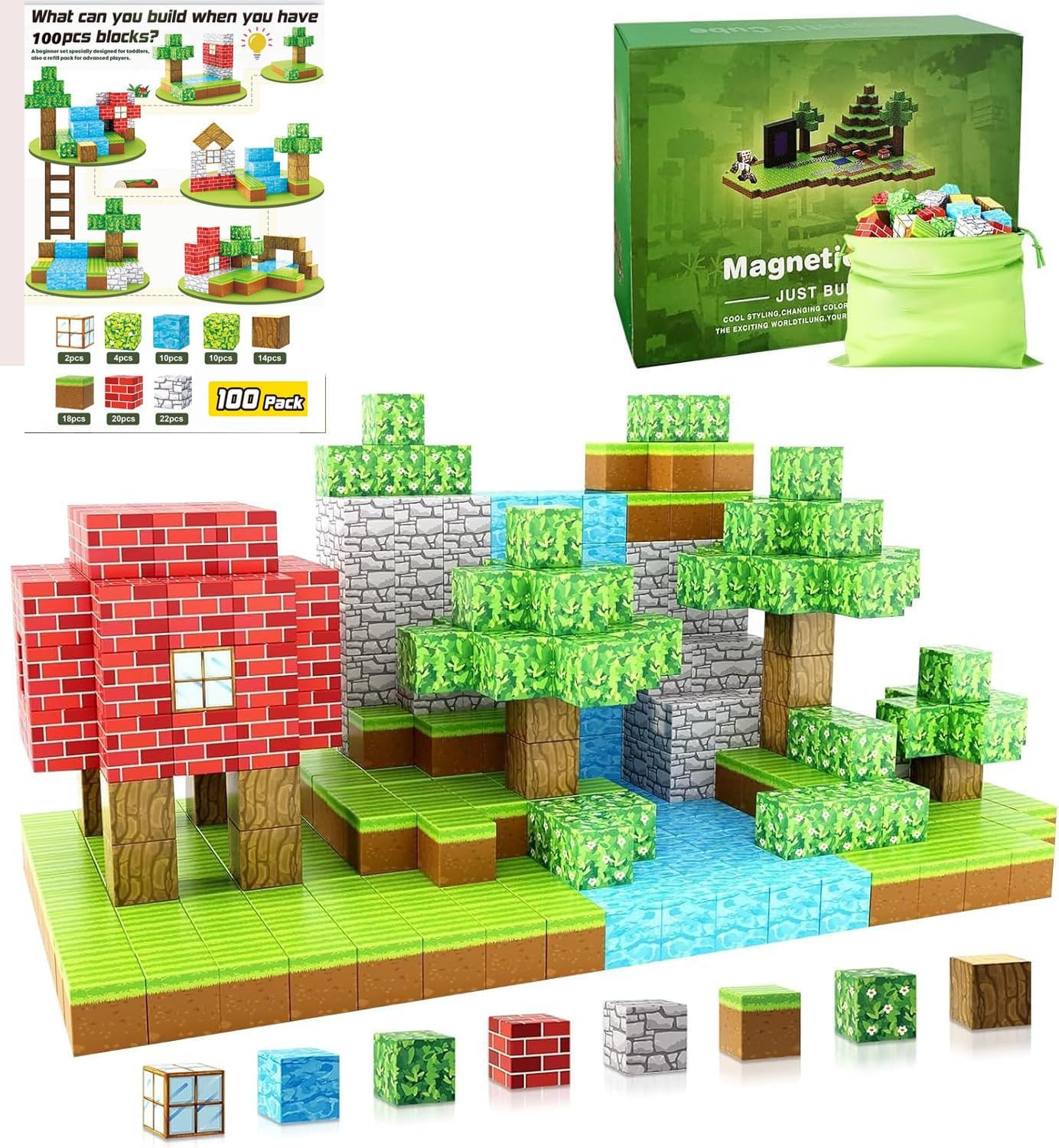 100PCS Magnetic Blocks-Build Mine Magnet World Edition, Magnetic Toys for Boys & Girls,Stem Montessori Sensory Toys for Toddlers Gifts for 3+ Years Old image number 6