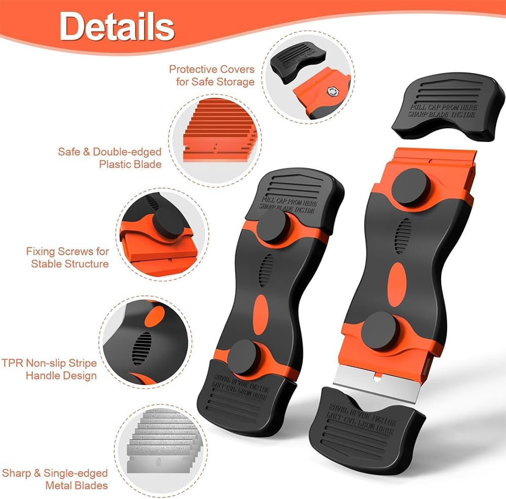 3Pcs Paint Scrapers with 30 Plastic and 30 Metal Blades, Plastic Scraper Glass Scraper, Stove, Sticker Remover, Paint, and Chewing Gum (Orange) image number 5