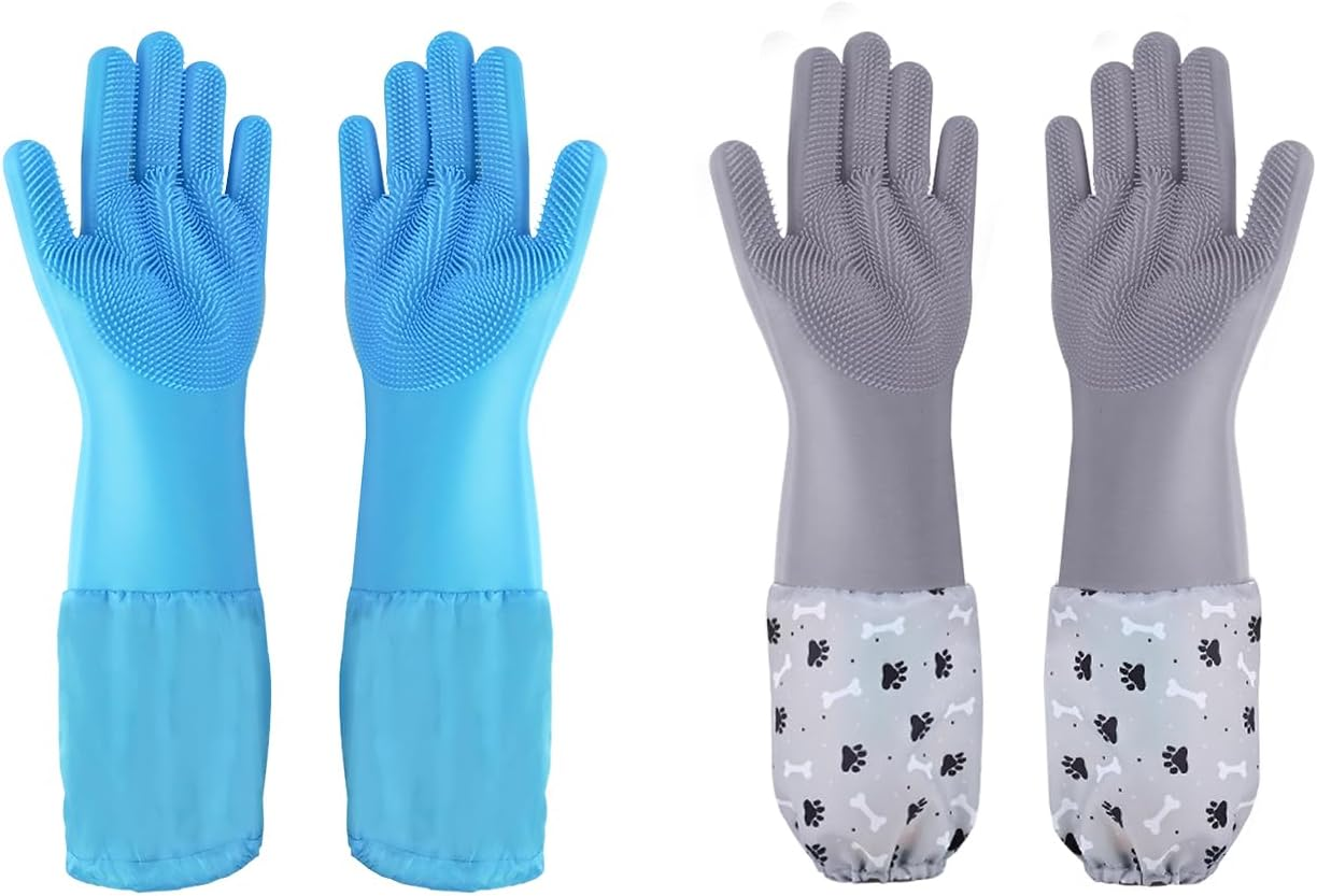 Pet Grooming Gloves Pet Hair Remover Cat, Dog Washing Gloves Silicone Heat Resistant Cleaning Gloves with High-Density Teeth Grooming Gloves for Dogs, Cats, Horses (2 Pairs - Blue & Gray) image number 1