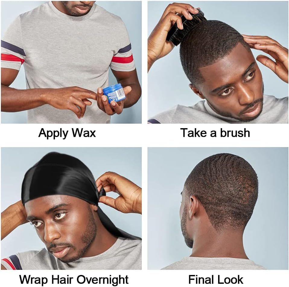 3Pcs Silky Durag with Wave Brush for Men 360, Curved Medium/Hard Hair Brush Kits,A image number 5