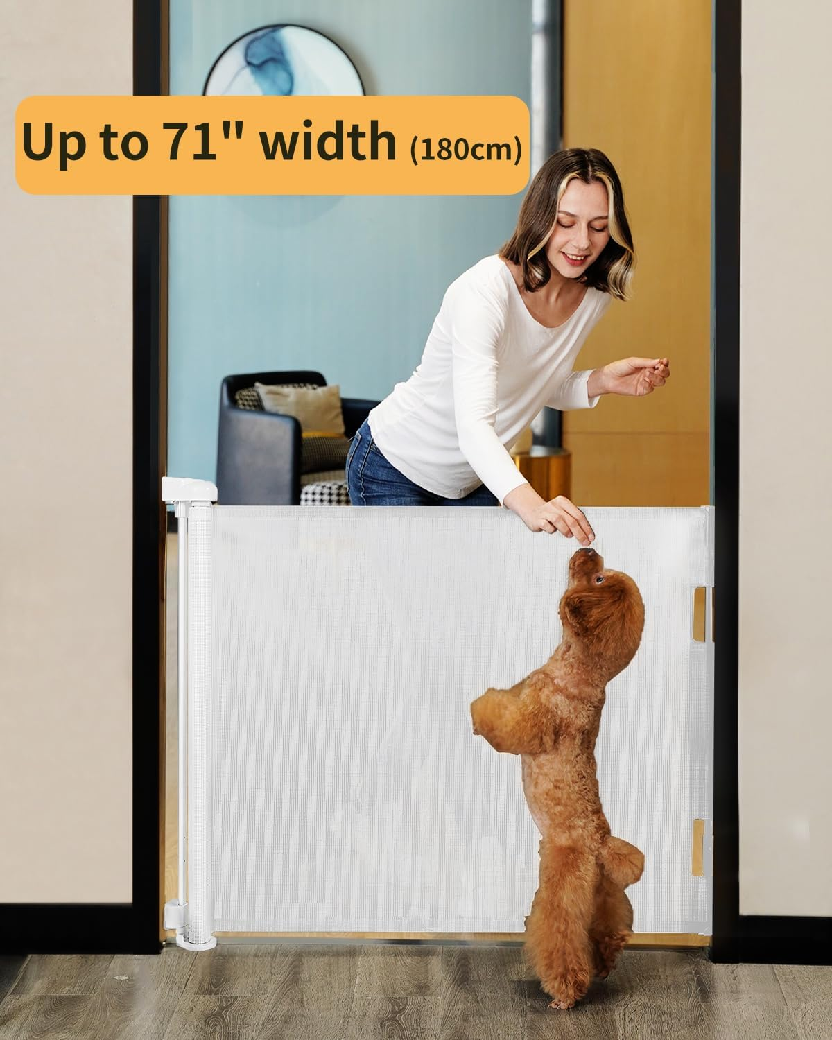 Dearlomum Retractable Baby Gate,Mesh Baby Gate or Mesh Dog Gate,33" Tall,Extends up to 71" Wide,Child Safety Gate for Doorways, Stairs, Hallways, Indoor/Outdoor,White