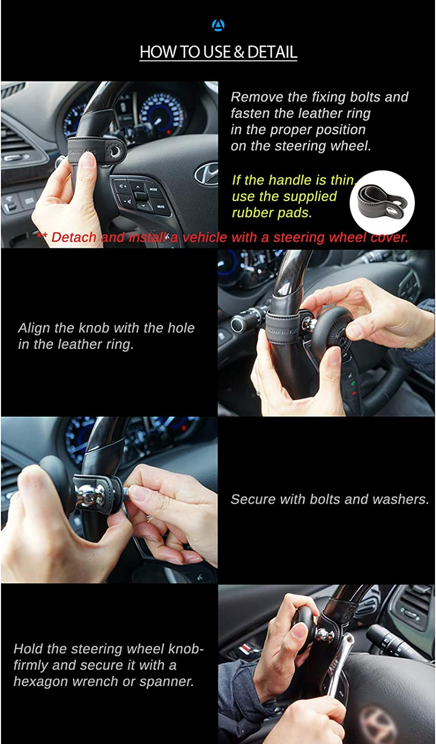 Blacksuit Car Steering Wheel One-Touch Foldable Knob Leather Power Handle Spinner Suicide Accessory Knob for Car Vehicle Truck image number 5