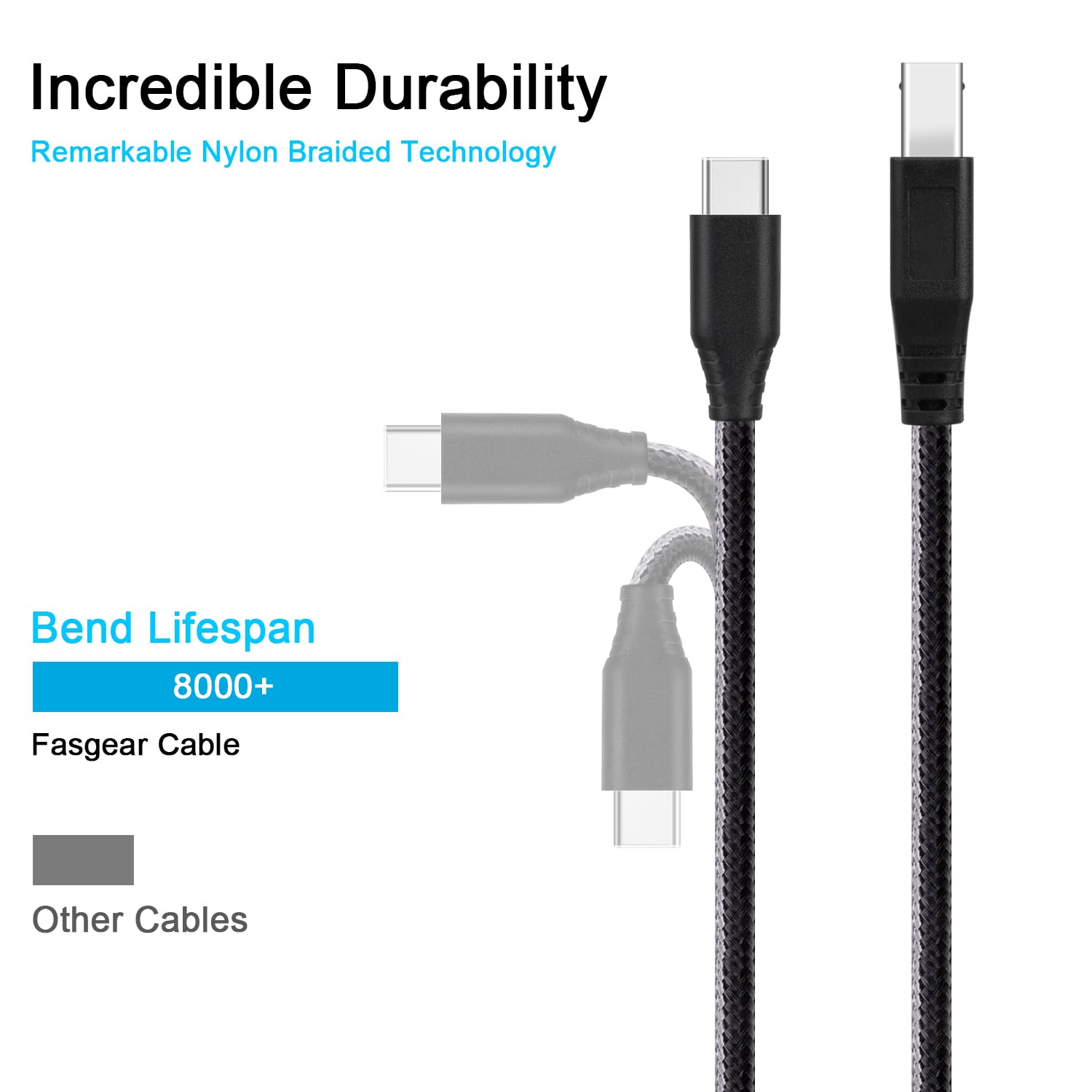Fasgear Type C to USB B 3.0 Cable 1 Pack 3Ft/1M Nylon Braided USB C Male to Type B Male Cord (Black) image number 3