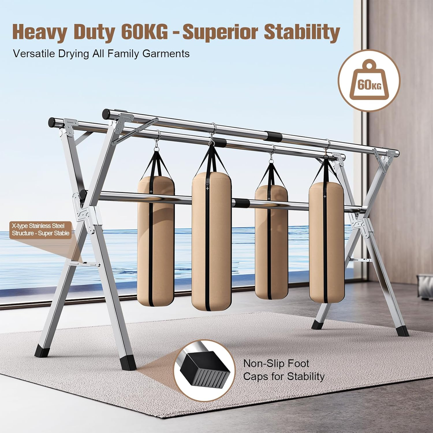 Hormes Clothes Drying Rack, 2.4M Adjustable Clothes Airer Laundry Drying Rack, Foldable Heavy Duty Stainless Steel Clothes Dryer Stand Horse with 20 Windproof Hooks & 12 Clips for Outdoor Indoor Use image number 3