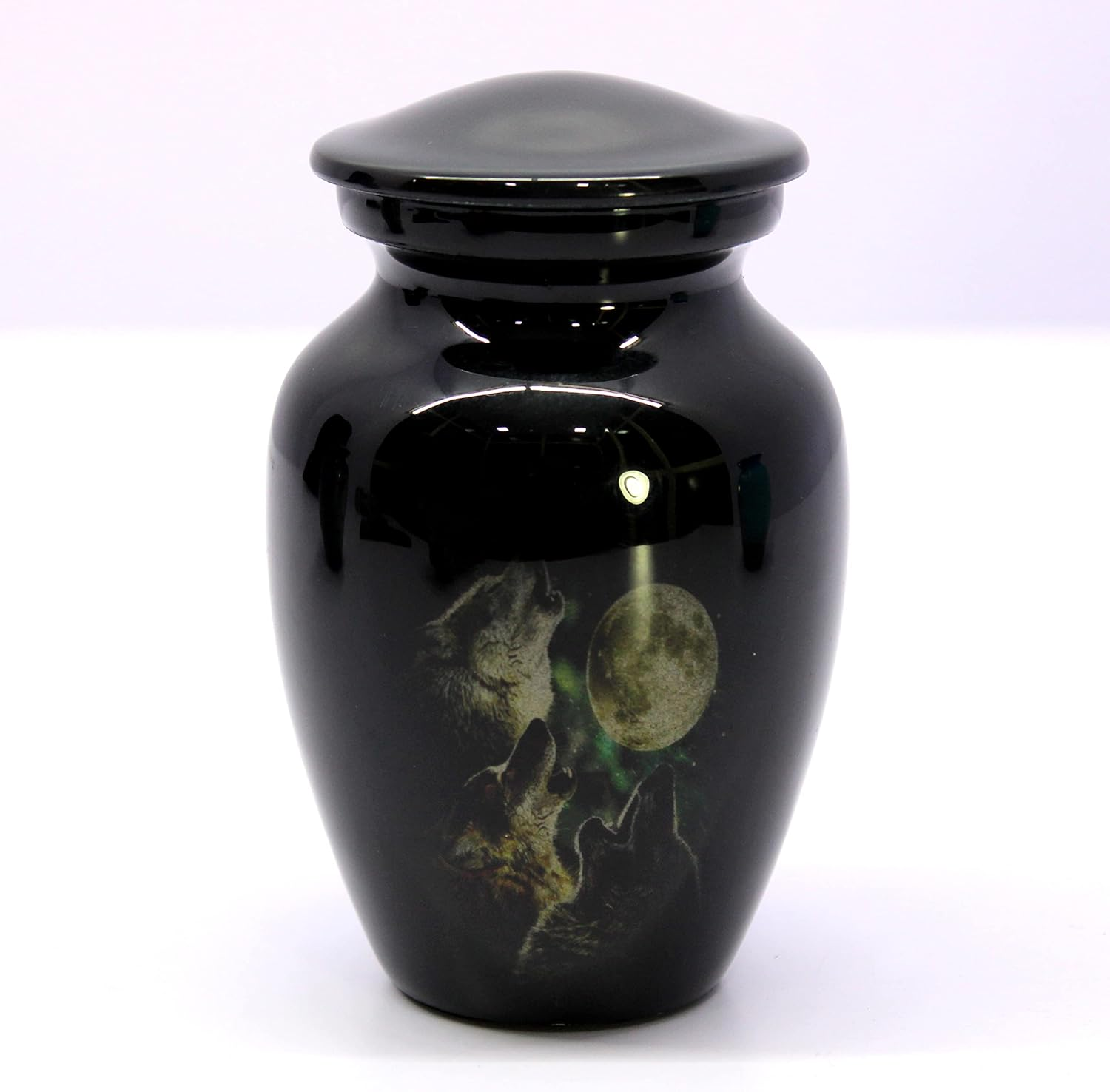Esplanade Mini Cremation Urn Memorial Jar Pot Container | Small Metal Urn for Funeral Ashes Burial | Wolves with Moon Printed Metal Keepsake | Black - 4.5" Inches