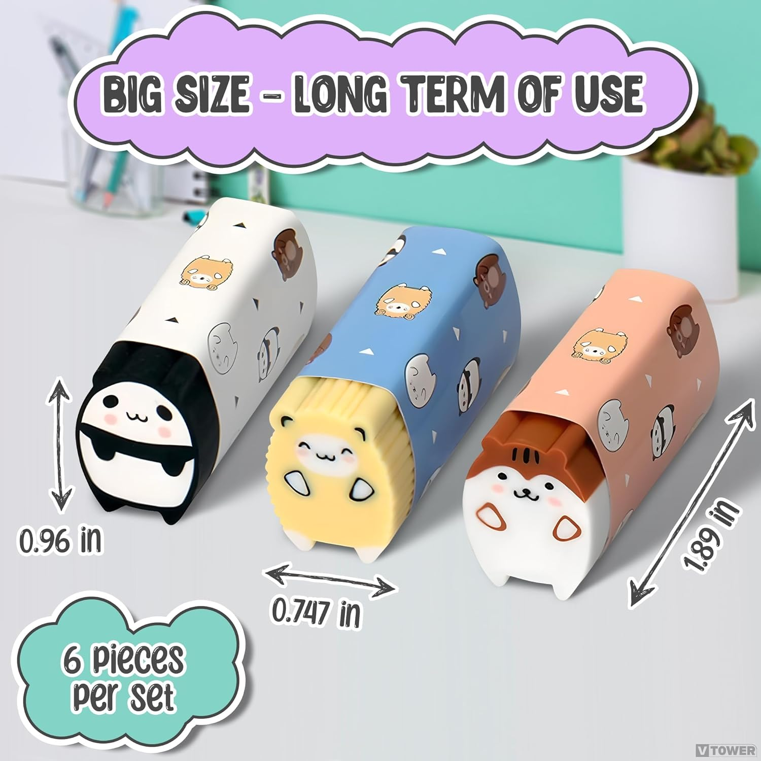 6 Pack Cute Erasers, Kawaii Animal Pencil Eraser for Kids Panda Sheep Cat Eraser Bulk Kawaii School Supplies, School Prize Stationery image number 2