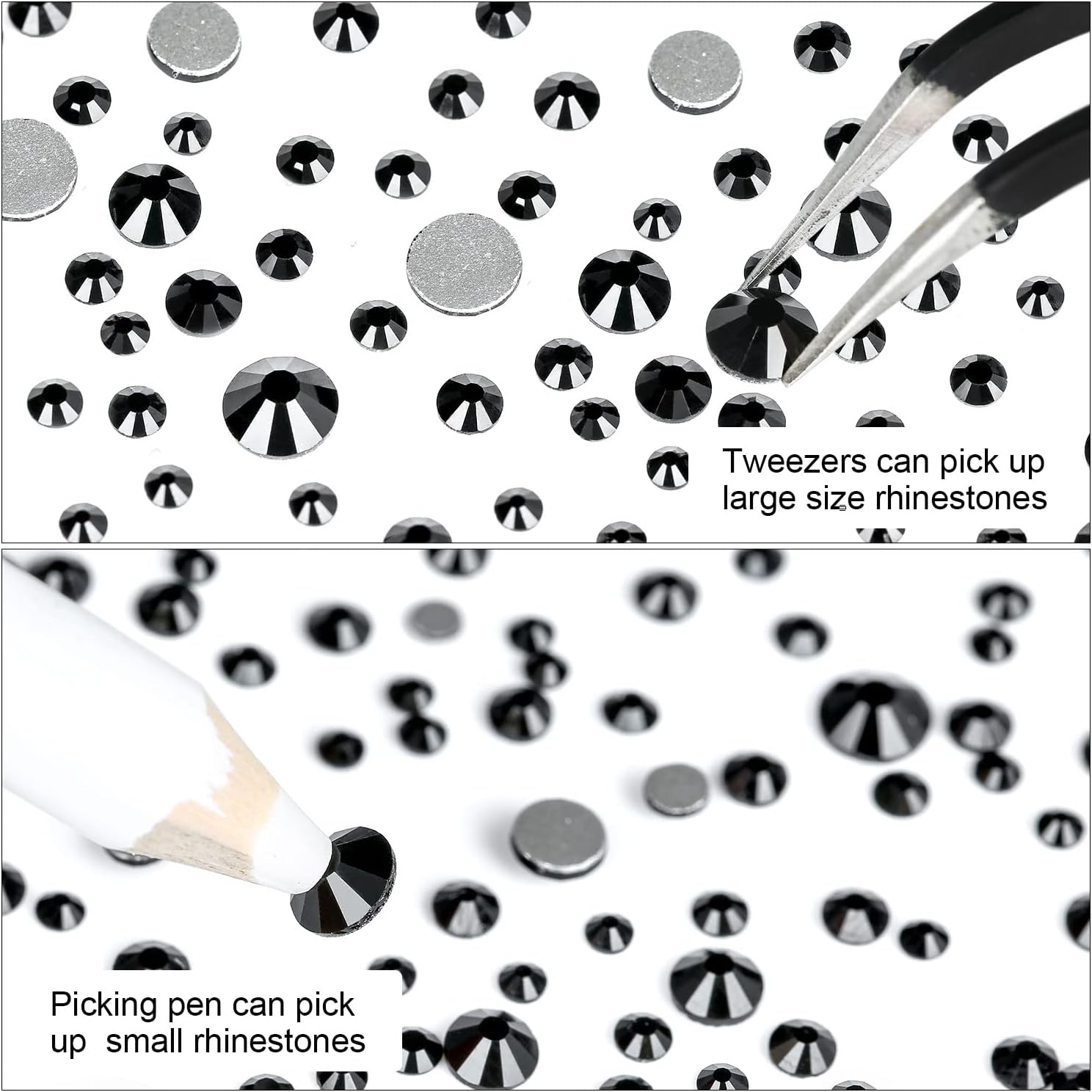 4240Pcs Flatback Black Rhinestones Glass Crystal Gemstones for Nail Art Eye Jewels Makeup round with Tweezers and Picking Pen (SS6~SS20 Set) - Black image number 6