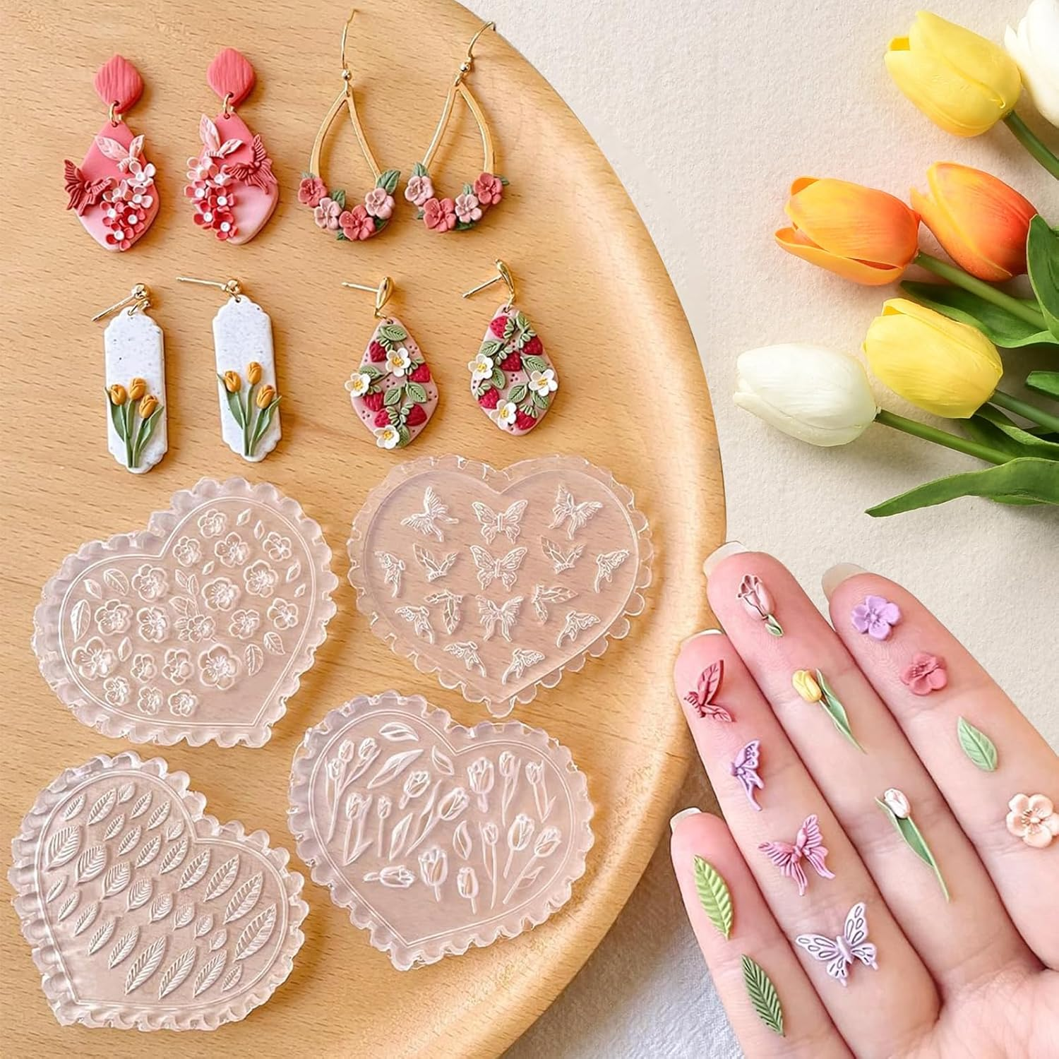 Polymer Clay Molds - 4 Pcs Silicone Molds, Flower，Butterfly,Rose & Leaf Air Dry Molds, Reusable High-Temp Jewelry Making Molds for Earrings with Polymer Clay Cutters