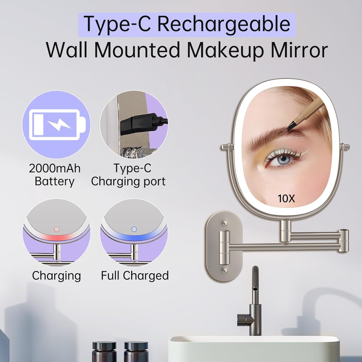 FUNTOUCH Rechargeable Wall Mounted Lighted Makeup Mirror, Oval Double-Sided Mirror 1X/10X Magnifying Mirror,3 Color Lights Touch Screen Dimmable 360&deg;Swivel 13 Inch Extendable,Nickel image number 3