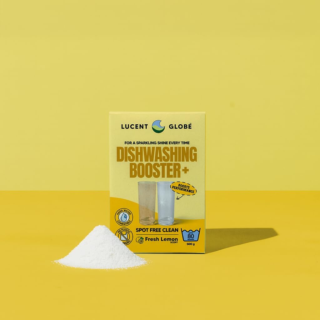 Lucent Globe Dishwashing Booster+ Powder &ndash; Fresh Lemon Scent &ndash; Spot-Free Finish, Hard Water Compatible, 100% Plastic-Free Packaging, 80 Washes (500G)