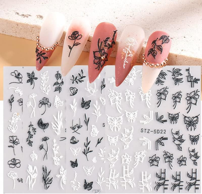 4 Sheets 3D Spring Nail Art Stickers, KXAMELIE Black and White Butterfly Flower Nail Stickers, Self-Adhesive Nail Polish Stickers, Simple Style for Acrylic Nails image number 2