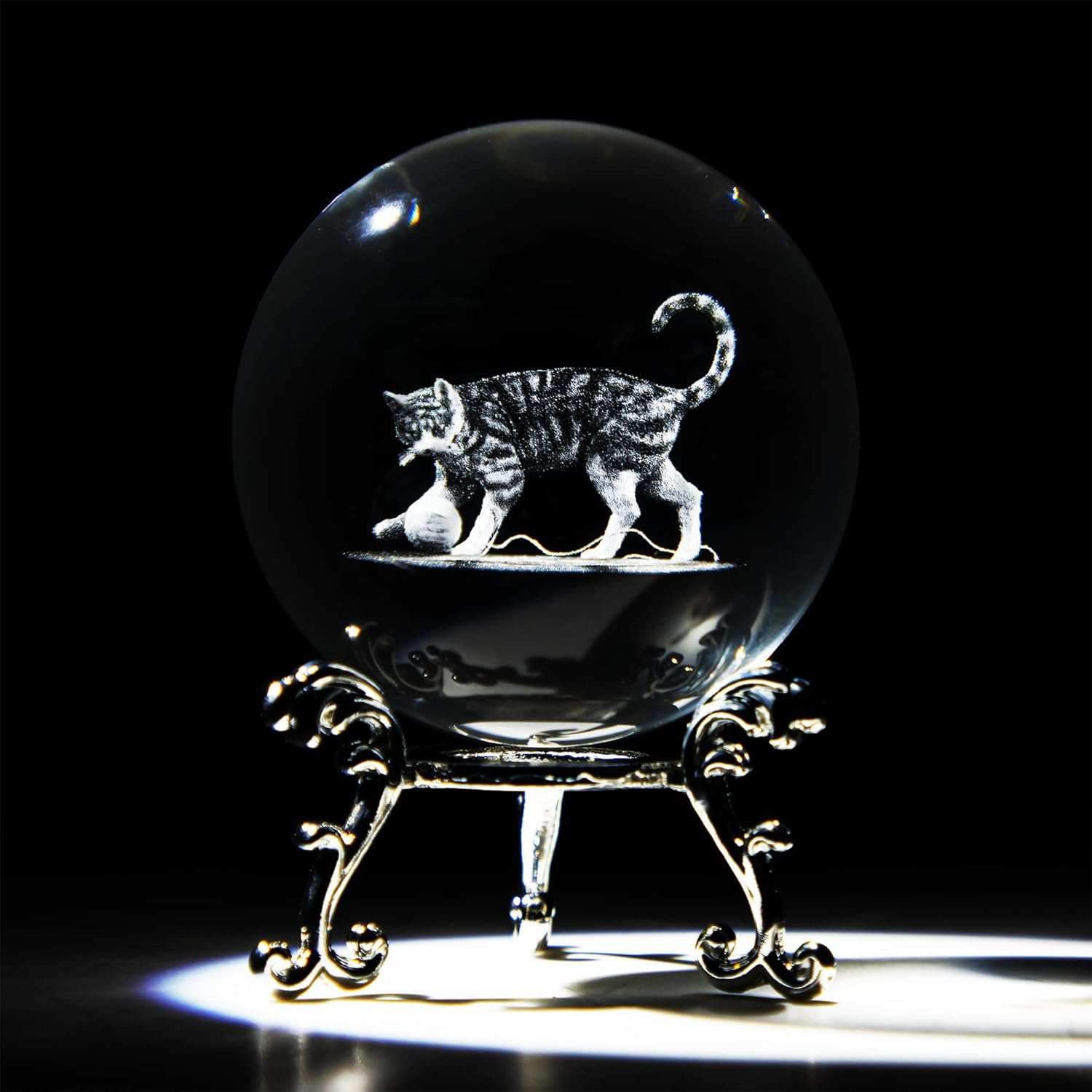 HDCRYSTALGIFTS Cat Crystal Ball with Stand 3D Laser Engraved Glass Globe Decorative Art Crystal Sphere Glass Ball Paperweight Gifts for Women(2.5In,Clear)