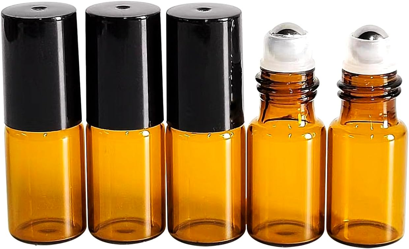 50 PCS 3Ml Amber Glass Roller Bottle,Essential Oil Sample Vials with Stainless Steel Roller Ball,Black Caps,For Travel Perfume Cosmetics Small Container(2 Funnels, 2 Dropper, 1 Opener) (3Ml)