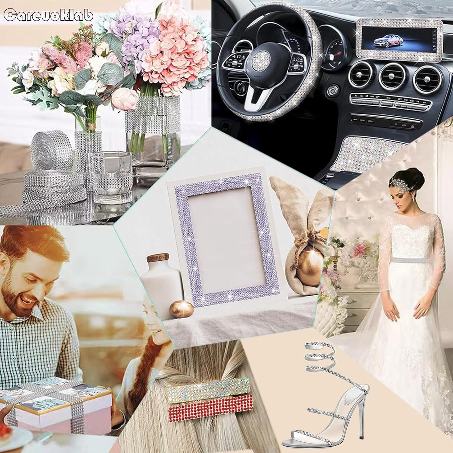 4 Rolls 8 Rows Self Adhesive Rhinestone Ribbon Crystal Diamond Sticker Bling Ribbon DIY Decoration with 2 Mm Rhinestone for Wedding Party Decor, DIY Art Craft 4 Yards (Crystal Clear) - Emerald/Green image number 7