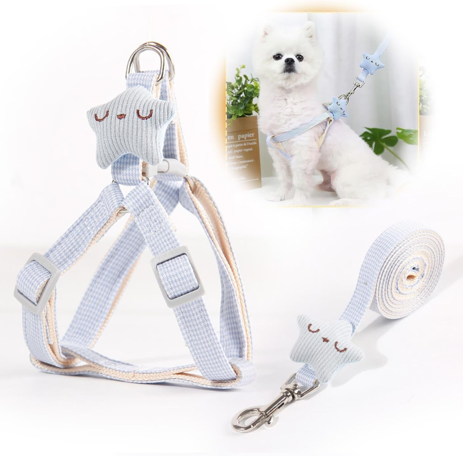 WEZCHUGHAOL Adjustable Soft Suede Dog Harness and Leash Set with Star Decor for Puppy, Small & Medium Dogs - Breathable Comfort Fit Pet Vest for Walking Training (Brown)