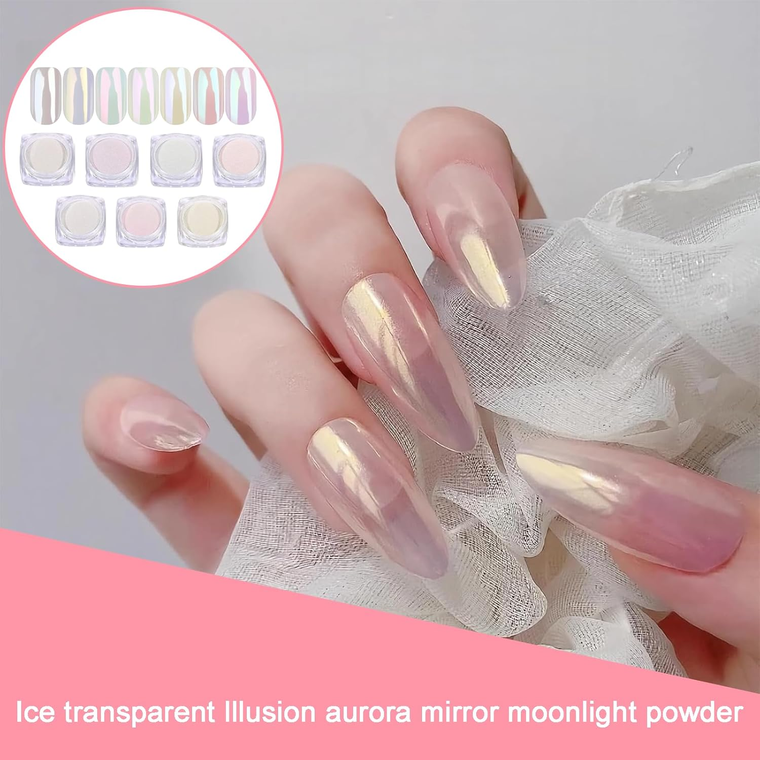 HHMJZW Chrome Nail Powder - 7 Colors White Pearl Chrome Nail Powder Kit for Nails Art with Holographic Mirror Gradient Effect image number 3