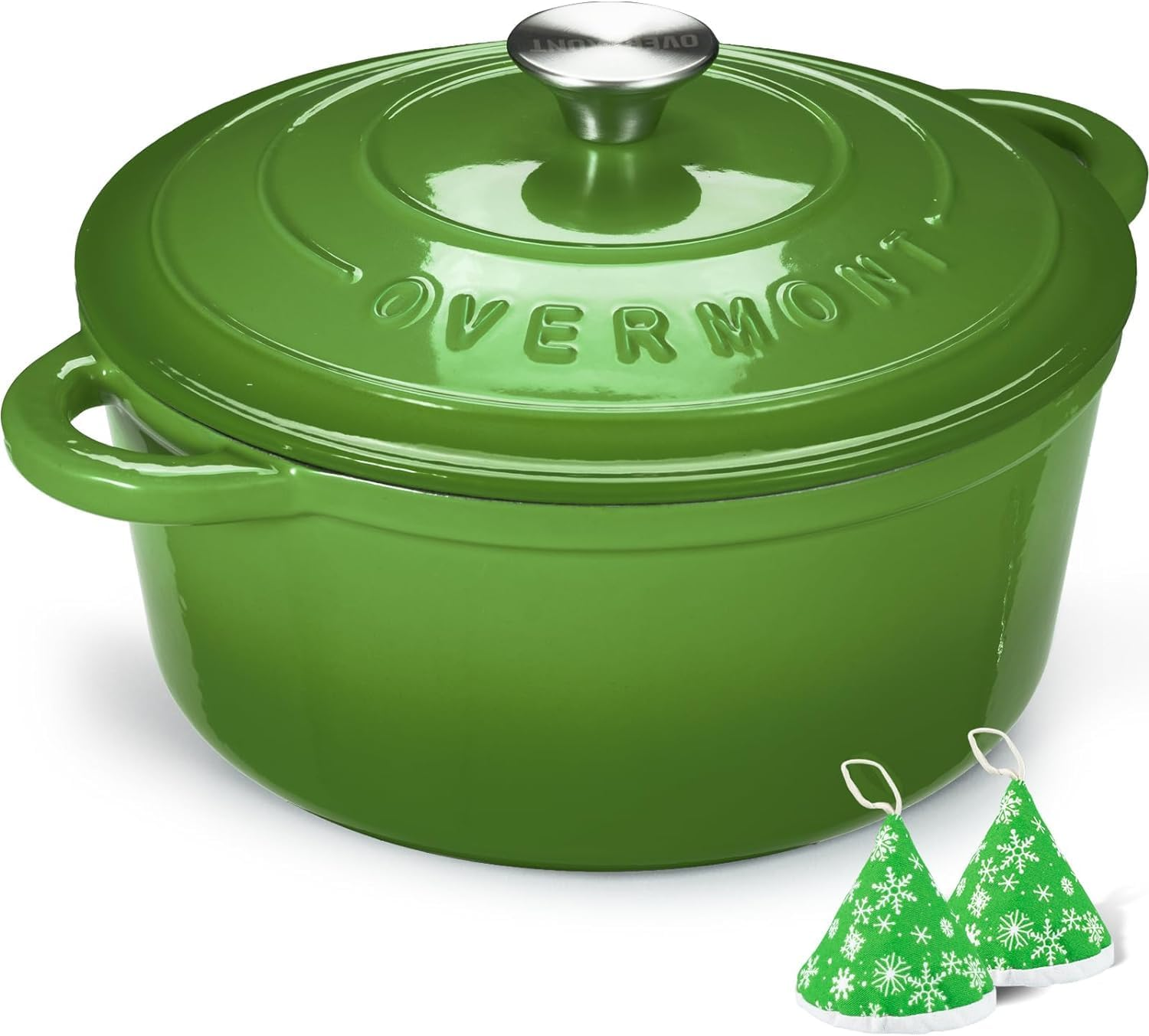 Overmont Enameled Cast Iron Dutch Oven - 5.5QT Pot with Lid Cookbook & Cotton Potholders - Heavy-Duty Cookware for Braising, Stews, Roasting, Bread Baking Bottle Green