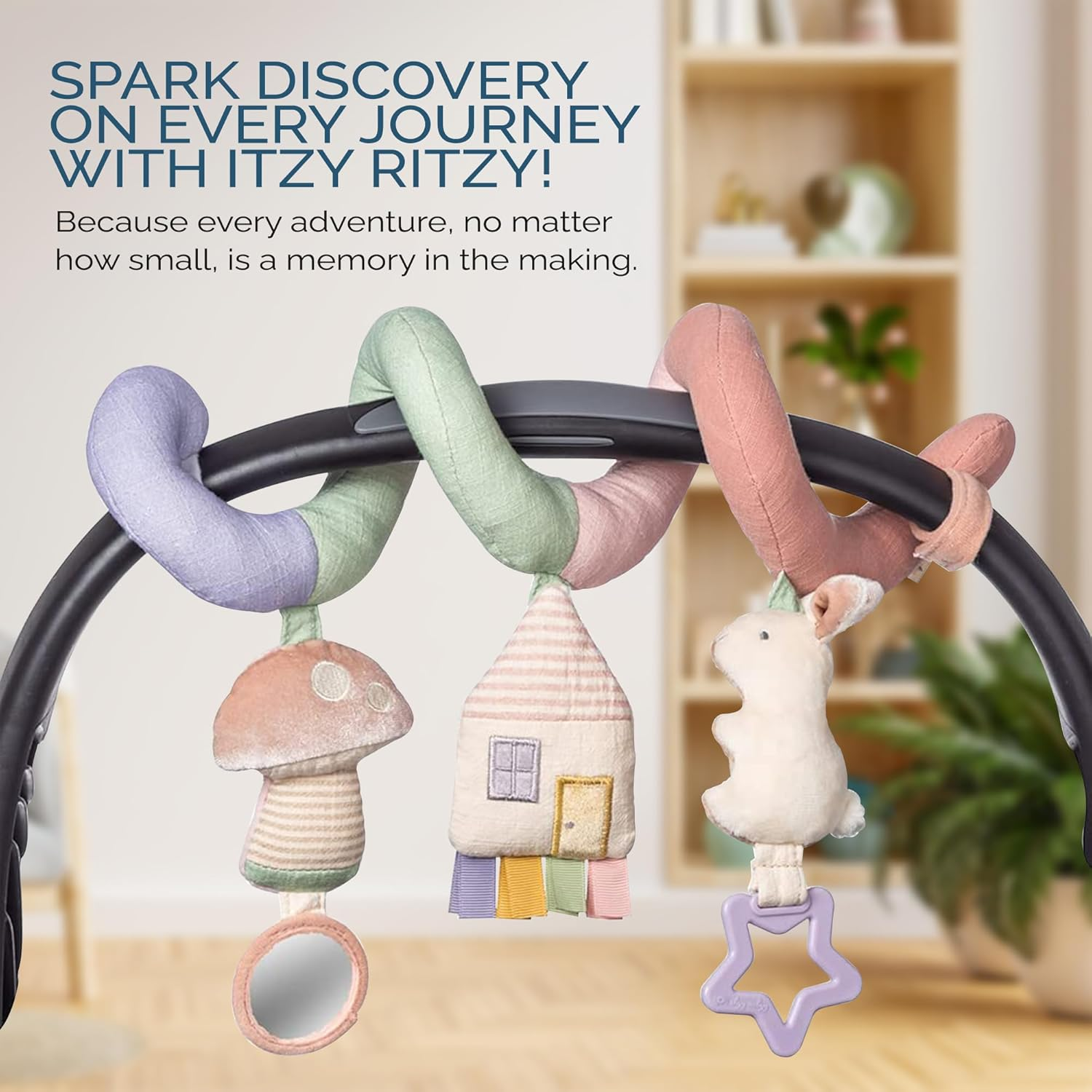 Itzy Ritzy Spiral Car Seat & Stroller Activity Toy - Stroller & Car Seat Toys for Ages 0 Months and up - Hanging Toys Include Dangling Ring, Mirror and Textured Ribbons (Pastel Rainbow) image number 3