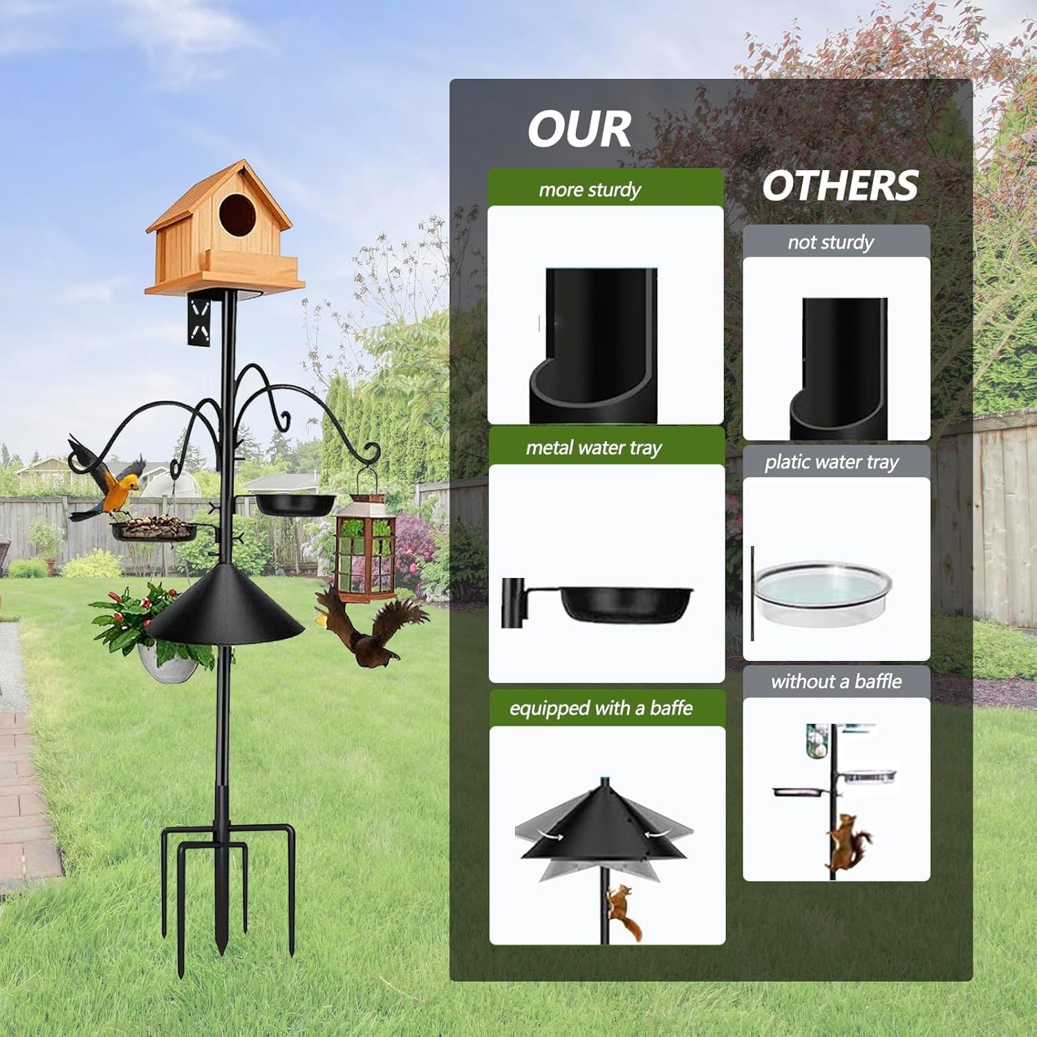 Heavy Duty Bird Feeder Pole Stand, 76 Inch Metal Bird Feeder Pole with Squirrel Proof Baffle, 4 Hooks and 2 Feeding Trays, 5-Prong Base Outdoor Birdhouse Stand, Garden Bird Feeding Station (Black) image number 1