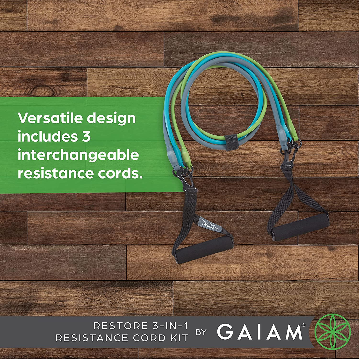 Gaiam Restore 3-In-1 Resistance Band Kit - Exercise Cord with Comfort-Grip Foam Handles and Easy-Adjust Interchangeable Strength Bands for High Intensity Training - Light, Medium, and Heavy Resistance