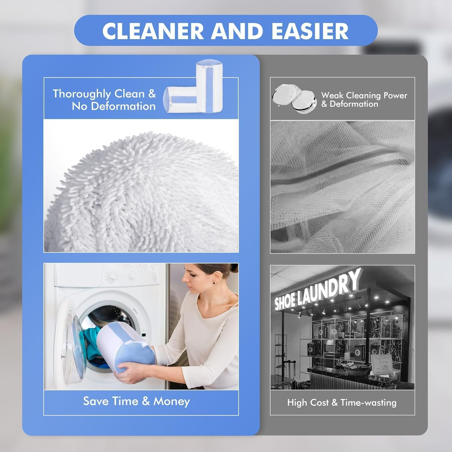 Luxear 2Pcs Shoe Washing Machine Bags, Laundry Bag for Shoes Washer and Dryer, Reusable Shoe Cleaning Bag Fluffy Fiber Inside, Sneaker Mesh Laundry Bags for All Shoes, Large Size, 18 X 33CM - Gray image number 3