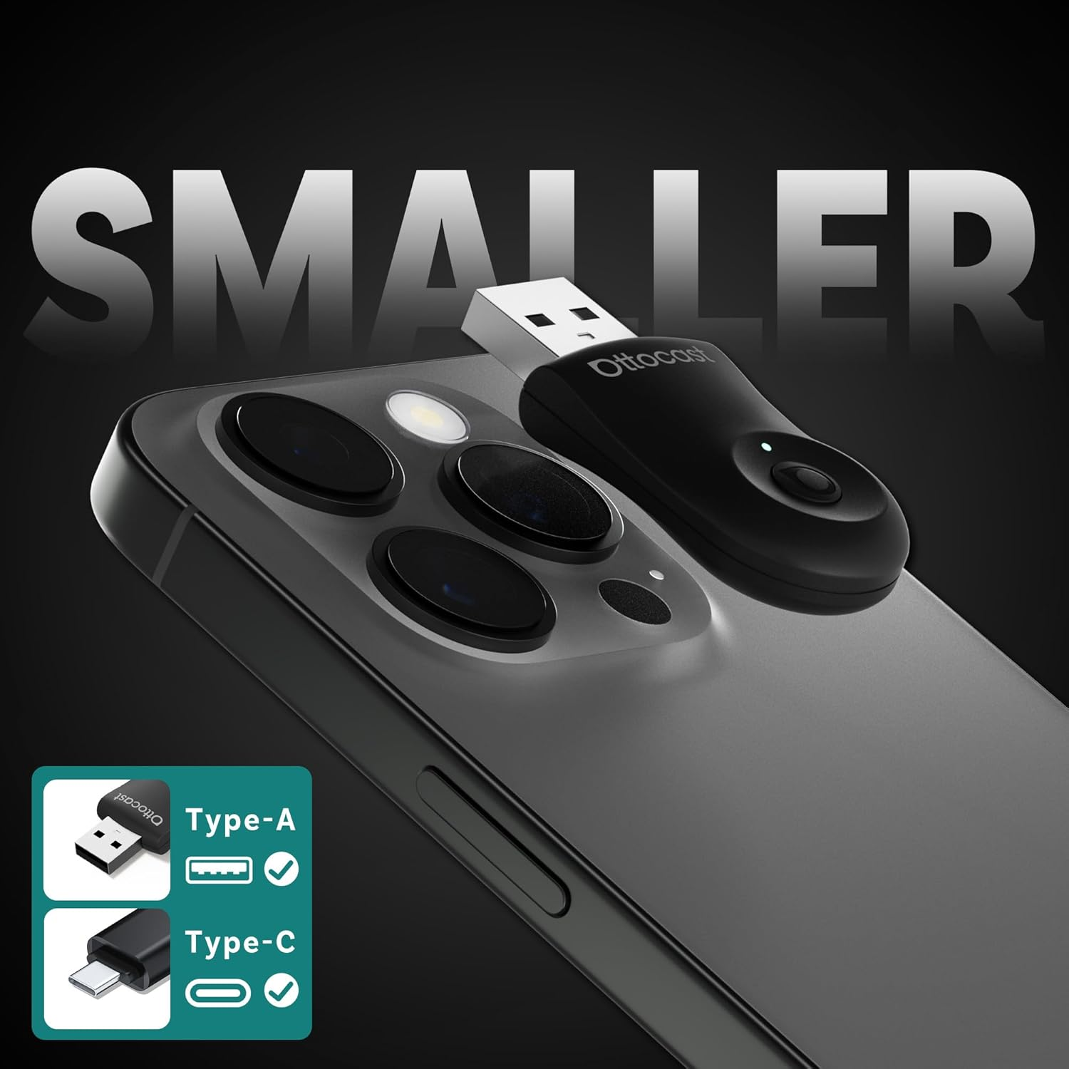 OTTOCAST Mini 2In1 Wireless Carplay Adapter for Apple Iphone with GPS Passthrough, Android Auto Car Adapter, Plug & Play, Convert Wired to Wireless Car Play Dongle to USB& USB-C, No Delay