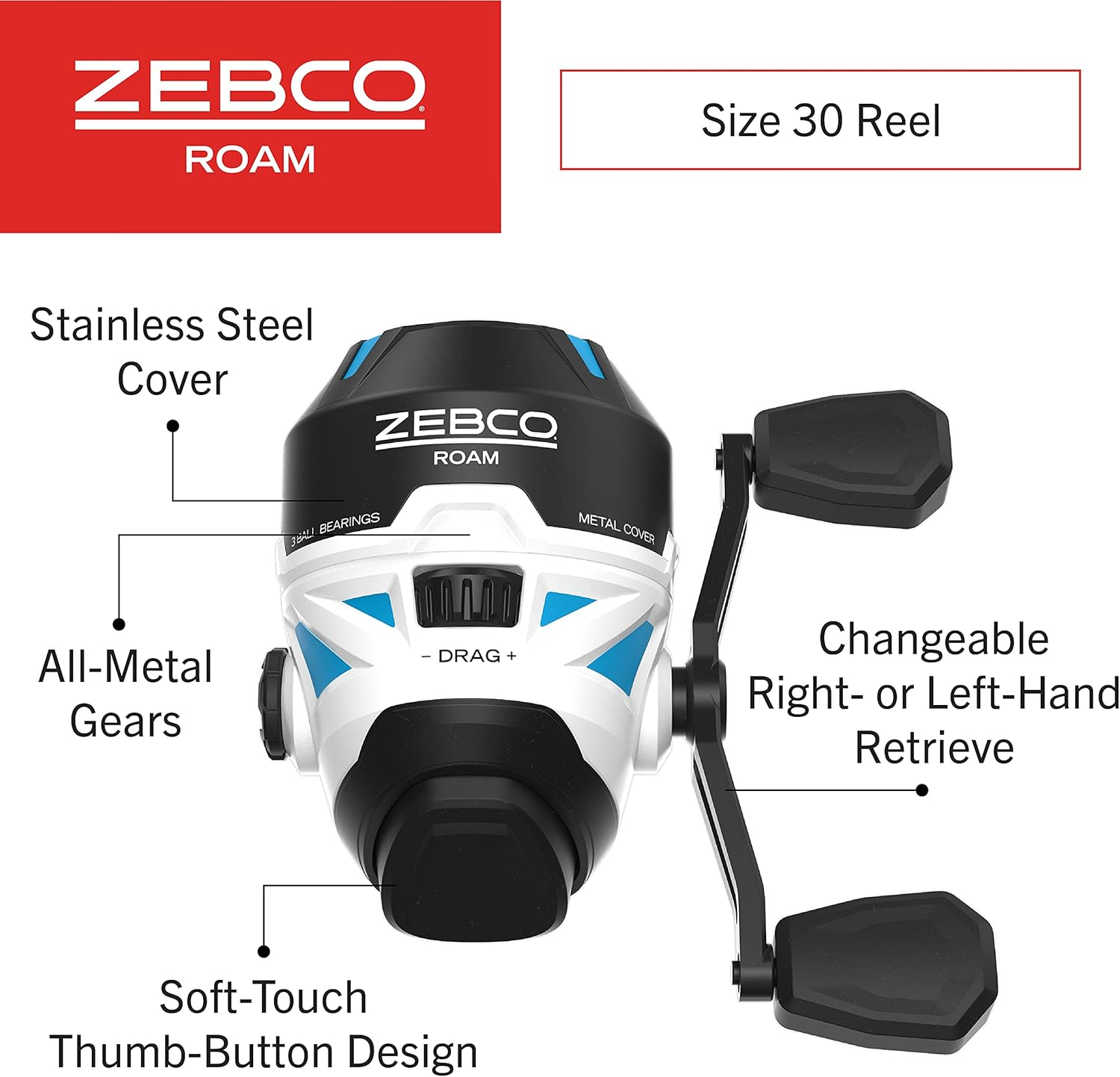 Zebco Roam Spinning Fishing Reel, Size 30 Reel, Changeable Right or Left-Hand Retrieve, Pre-Spooled with 10-Pound Zebco Fishing Line image number 3