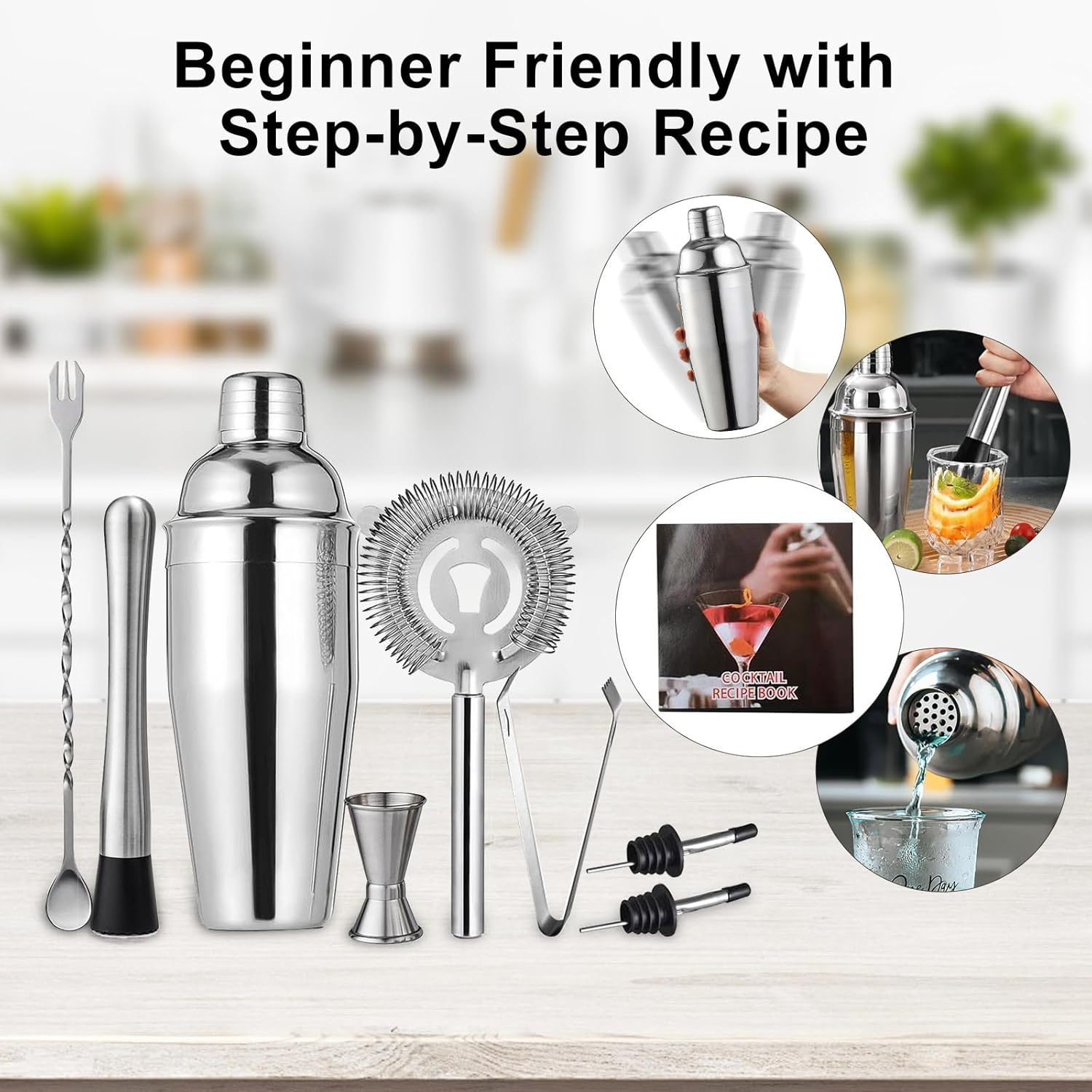 Cocktail Shaker Set Bartender Kit, Bar Tools Set with Martini Shaker (750Ml), Muddler, Strainer, Jigger, Spoon & Recipe Book, Bartending Kit Drink Mixers for Home Bar, Parties and Gifts (9 Pcs) image number 2