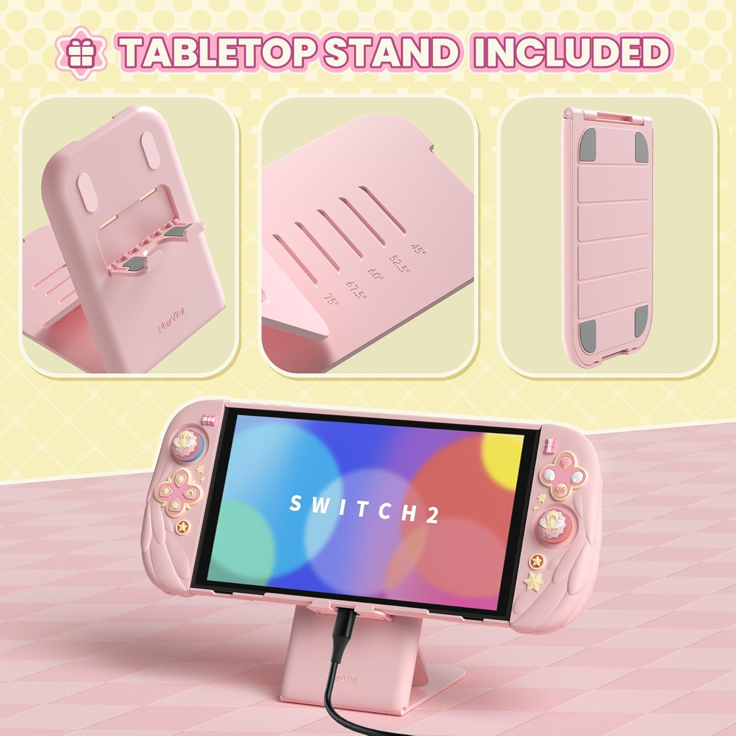 Playvital Magic Wings Silicone Grip Case for Nintendo Switch 2 &ndash; Dockable Anime Protective Cover with Extra Adjustable Stand & Thumb Grips - Pink - New Hope Gray image number 2