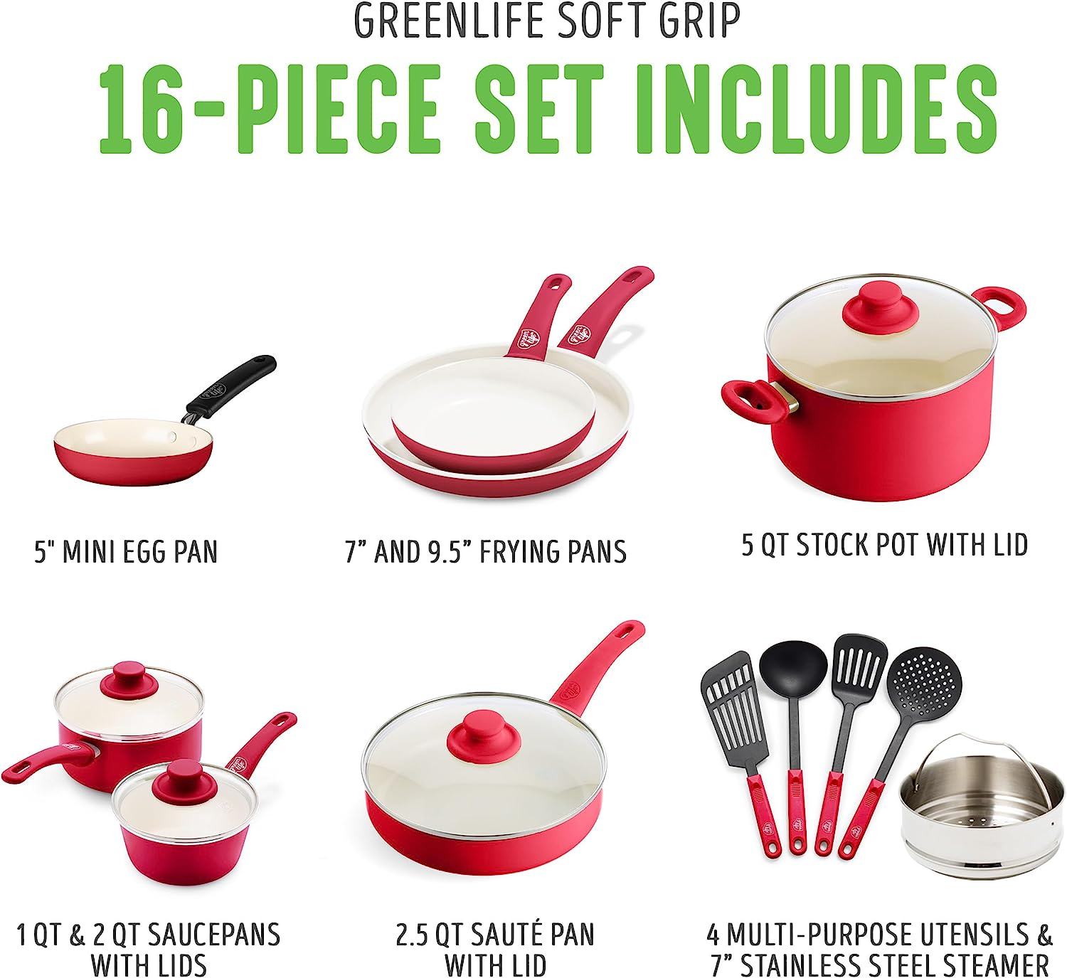 Greenlife Soft Grip Healthy Ceramic Nonstick, 16 Pc Cookware Pots and Pans Set, Pfas-Free, Dishwasher Safe, Red