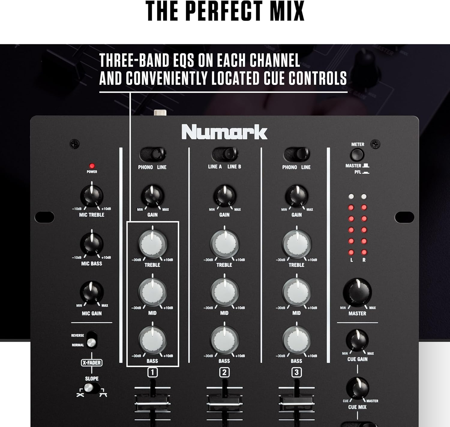 Numark M4 - 3-Channel Scratch DJ Mixer, Rack Mountable with 3-Band EQ, Microphone Input and Replaceable Crossfader with Reverse and Slope Controls - Silverblack image number 7