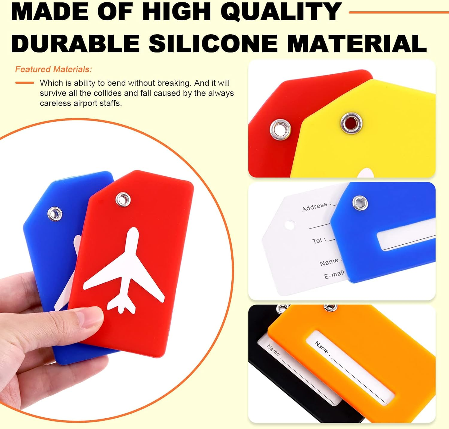 Tanstic 5Pcs Silicone Luggage Tags with Name ID Card, Baggage Handbag Travel Instrument Suitcase Tag for Quickly Spot Luggage Suitcase (Yellow) image number 5