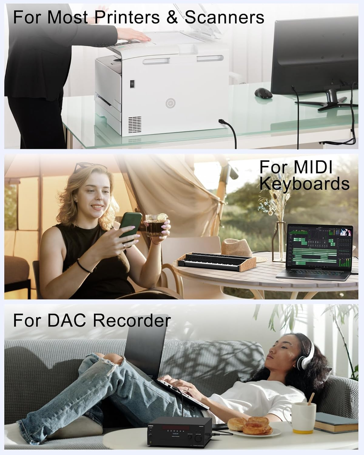 HP Printer Cable 3Ft, Square USB a to USB B Cable for Printer/Scanner Epson, HP, Canon, Brother, Ethernet Print Smoothly Connect to Computer/Laptop/Pc - USB 2.0 Type B Impresora Midi Long Cord, 6 Foot