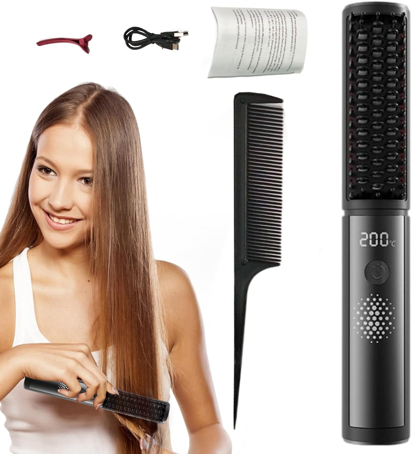 Walopola Straightening Brush, Portable Straightening Comb, 4 Temp Settings Anti-Scald Fast Heating Styling Tools for Smooth Shiny Hair Less Frizz Home Travel Girls Women Professional Salon image number 5