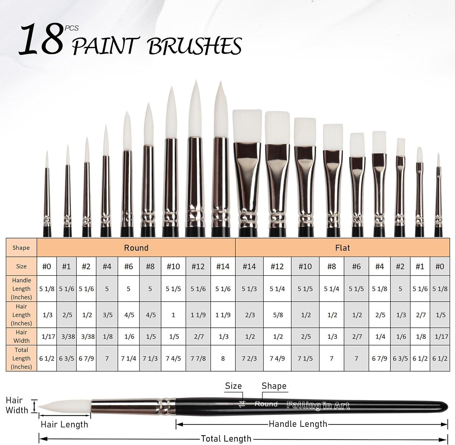 Falling in Art White Nylon Paint Brushes Set of 18 PCS for Acrylic, Oil, Watercolor Painting image number 2
