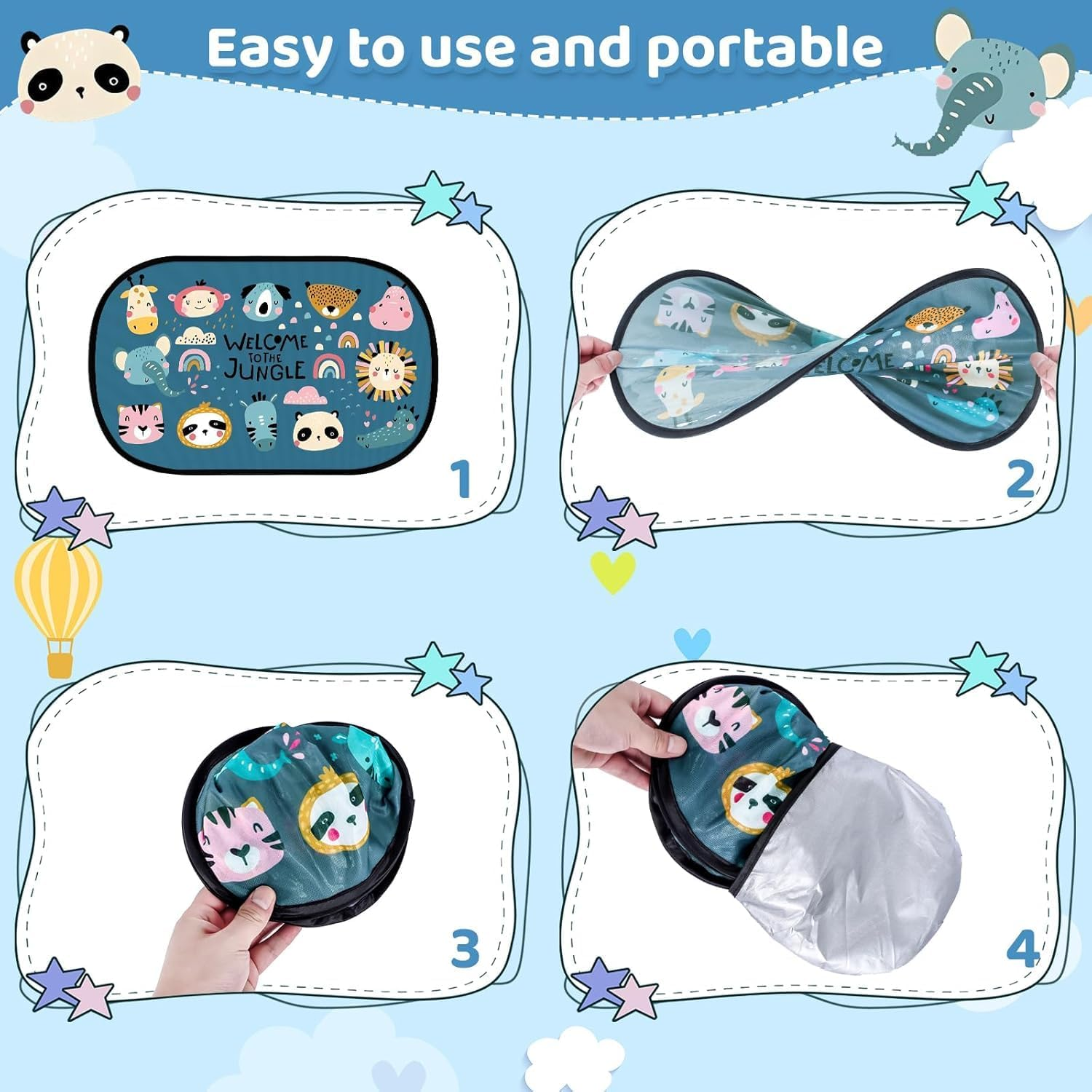 2 Pack Car Window Shades for Baby, UV Protection Sun Visor with Cute Animal Motifs, Universal Fit for Most Cars SUV Sedan, 51X31Cm Side Window Sunshades image number 6