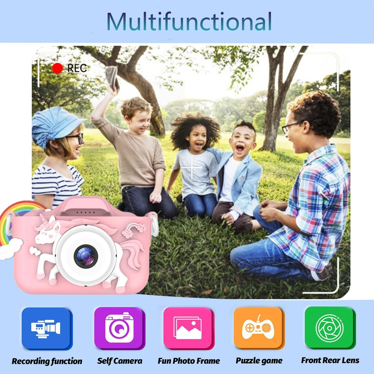 Kids Camera Gifts for 3-8 Year Old Boys Girls, IGGDOQI Children Digital Camera with Silicone Cover, HD Video 2 Inch Screen for Outdoor Play with 32GB TF Card & Card Readers for Boys Girls Gift (Pink) - Green image number 3