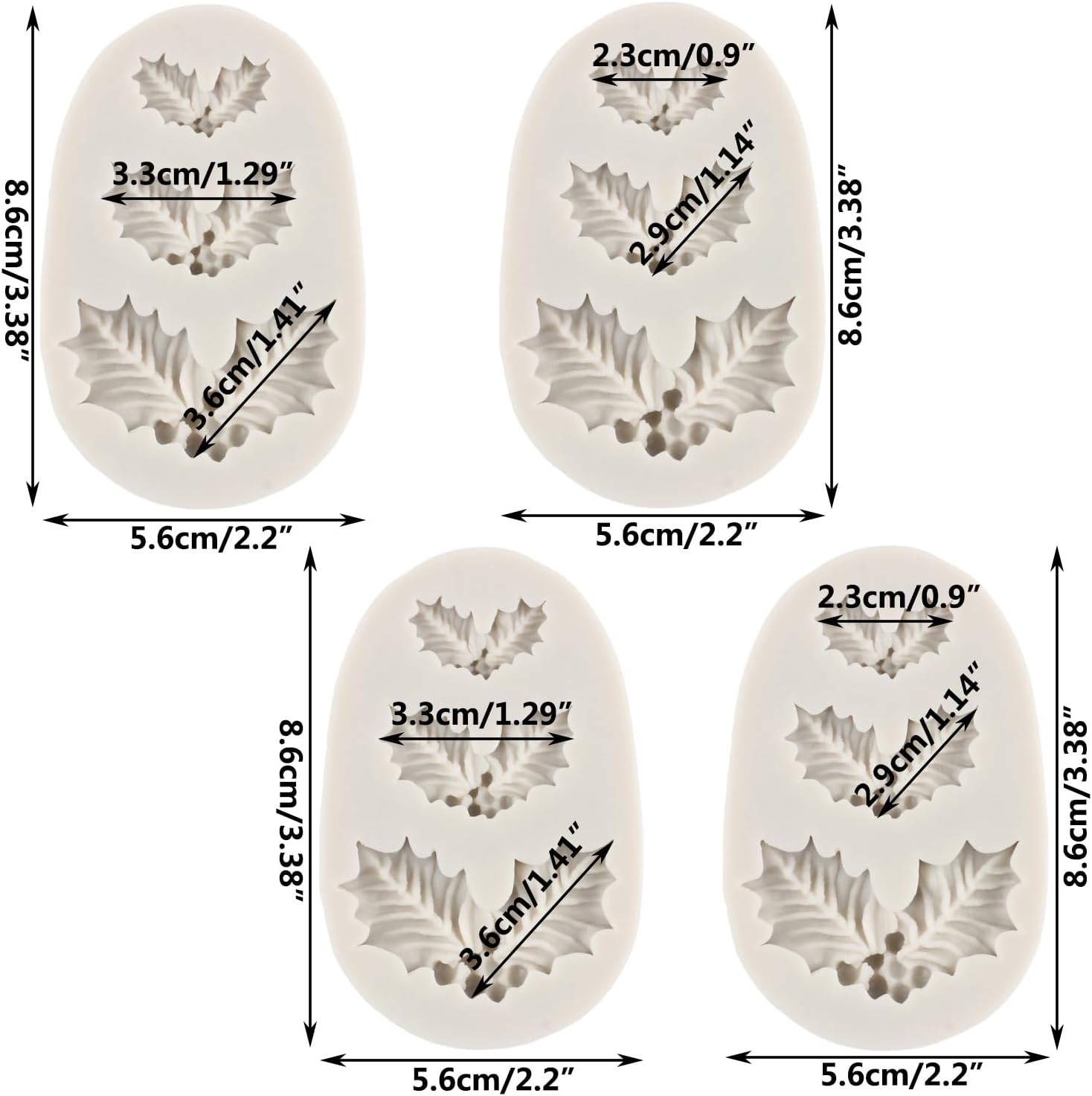 Christmas Silicone Mould Hollyhock Leaves Fondant Mould for Decorating Sugar Cakes Cupcake Topper Polymer Clay Candy Chocolate Gum Paste Set of 4