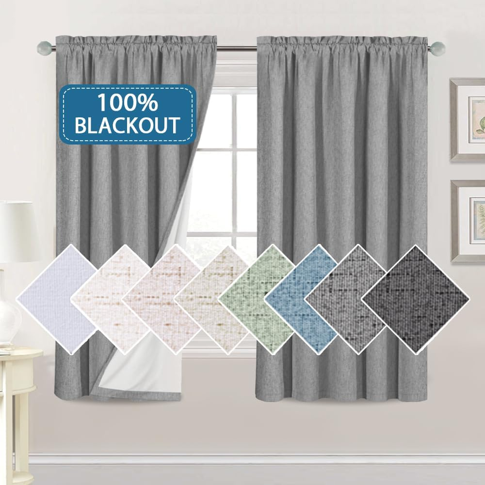 H.VERSAILTEX Linen Look 100% Blackout Curtains for Bedroom Full Light Blocking Rod Pocket Linen Textured Thick Window Curtain Drapes with White Backing, 2 Panels Set, Each W132Cm X D213Cm, Pure White