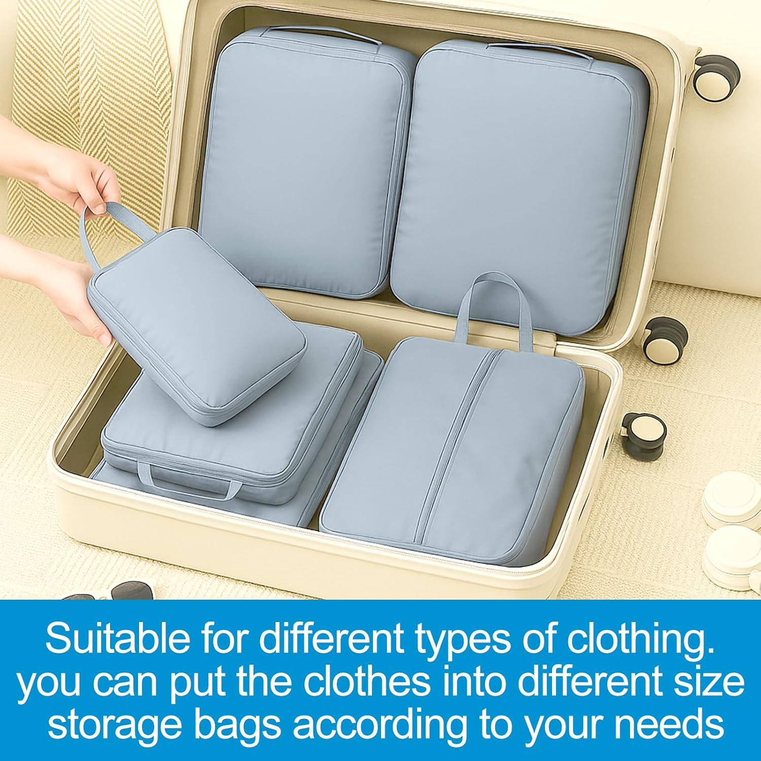 Compression Packing Cubes 8-Piece Set, Gray Polyester Travel Organisers for Luggage, Makeup & Bedroom Storage, Modern Minimalist Style with Large Medium Small Cubes (2 Each) and 2 Shoe Bags image number 5