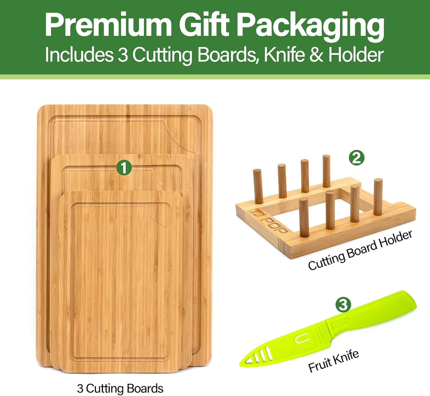 TJ POP Bamboo Chopping Board 3-Piece, Cutting Board Set with Juice Groove, Wooden Chopping Boards with Stand, Perfect for Kitchen Meal Prep & Serving image number 6