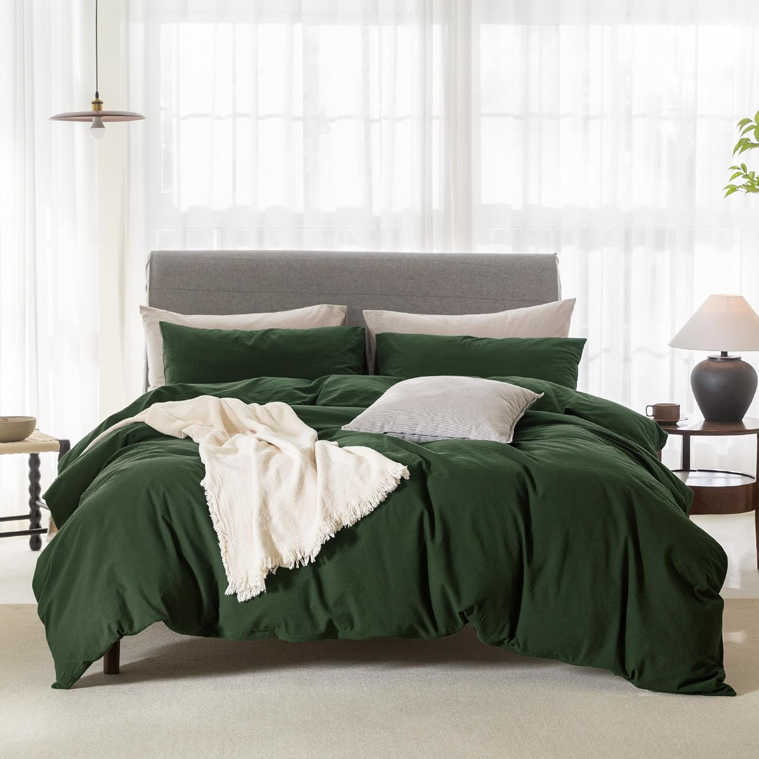ELIMMO Duvet Cover Set Linen Texture 100% Cotton Fabric Durable Breathable Natural Dreamy Chic Feel (Forest Green, Queen) image number 6