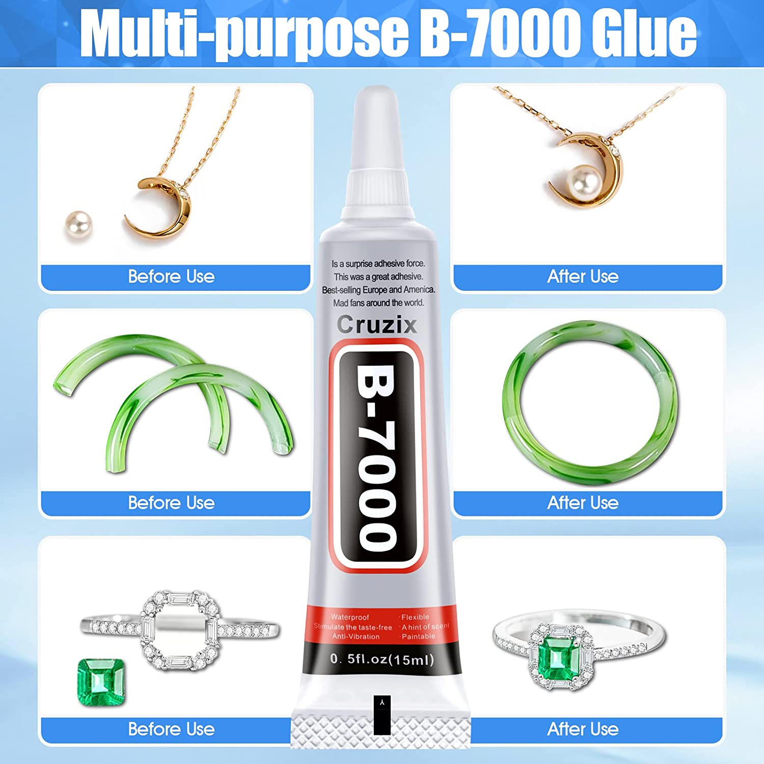 Cruzix B-7000 Glue Clear for Rhinestone Crafts, Jewelry and Bead Adhesive B7000 Semi Fluid High Viscosity Glues for Clothes Screen Repair Metal Stone Nail Art Glass (4X15 Ml/0.5 Oz) image number 5