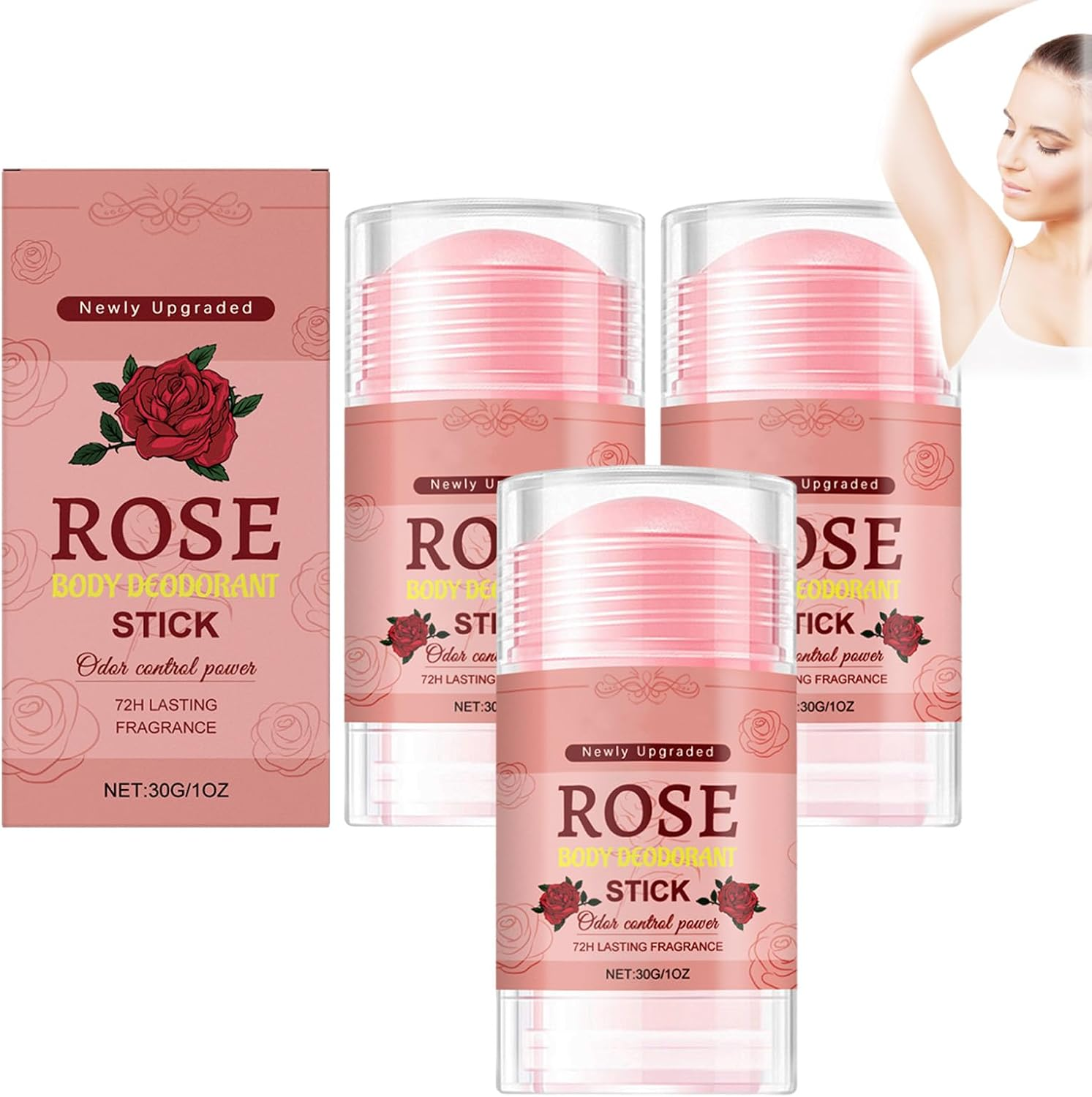 Natural Deodorizing Body Stick with Rose, Sweating under the Armpit to Removes Odors, Portable Odor Control for Underarms, Deodorant Antiperspirant Stick, Body Deodorizing (3Pcs)