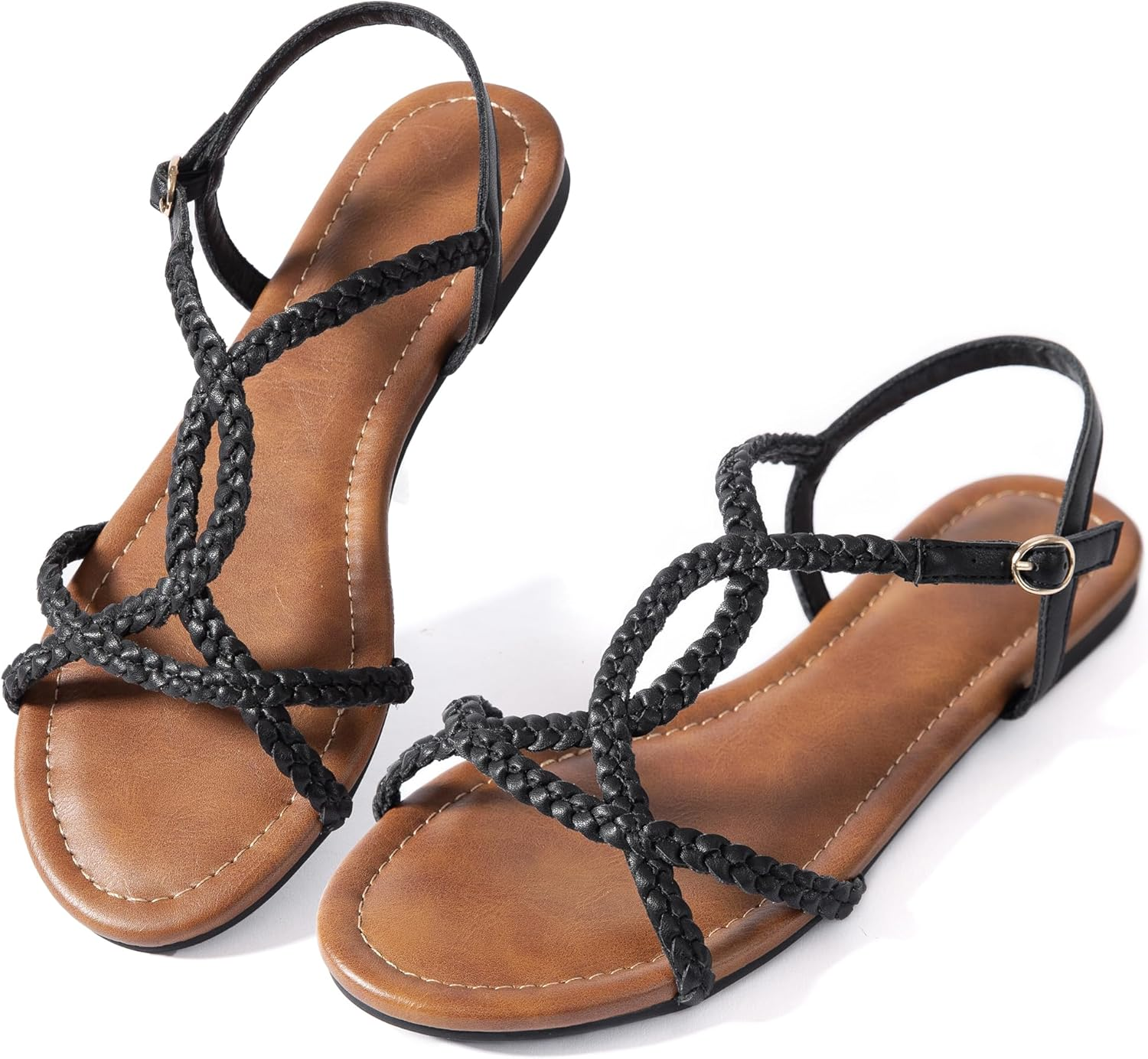 Mtzyoa Women Strappy Flat Sandals Gladiator Dressy Ankle Strap Summer Vacation Comfort Leather Ladies Casual Party Trendy