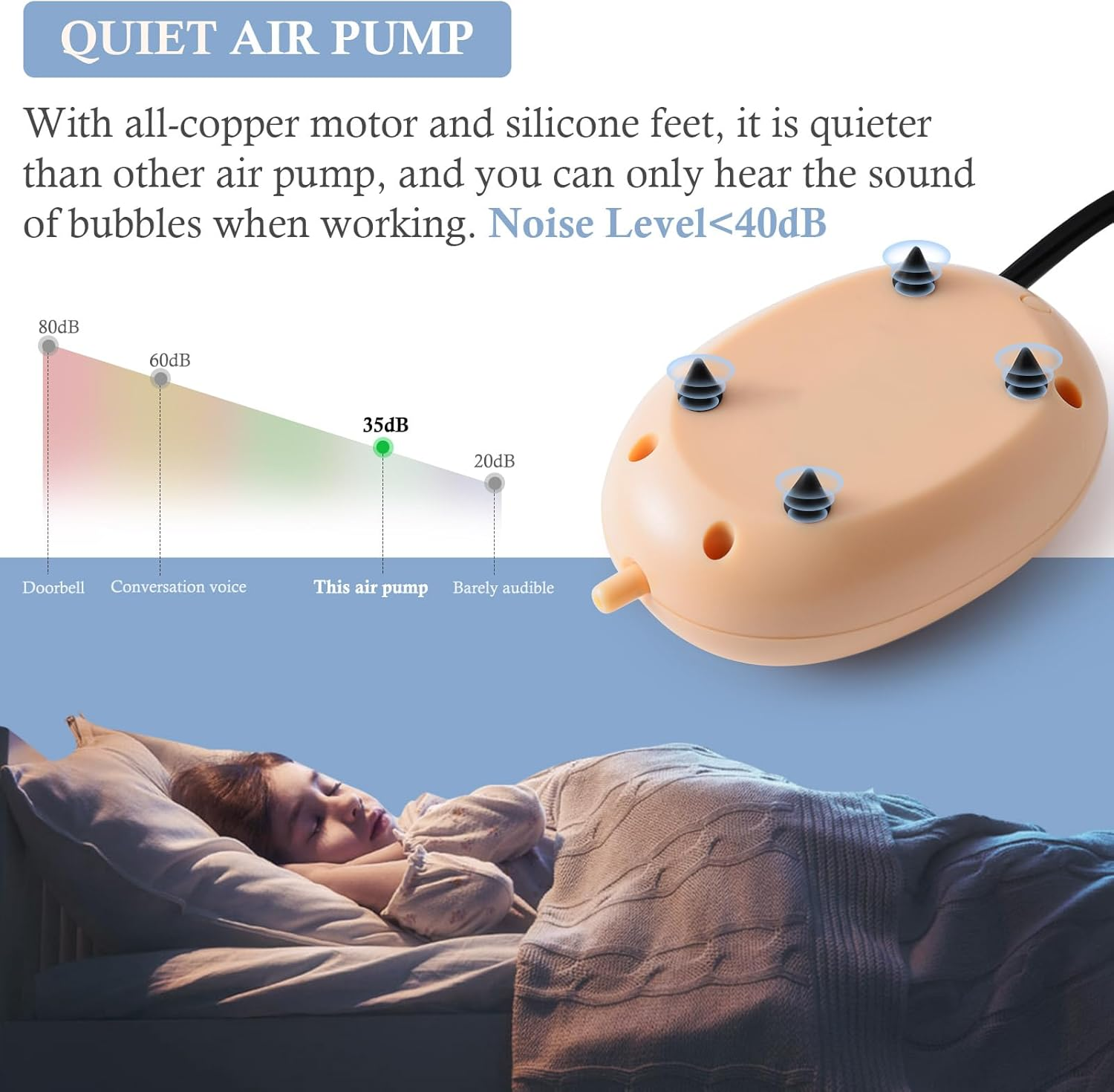 FEDOUR Mini Aquarium Air Pump, Quiet Fish Tank Oxygen Pump with Single Outlet, Aquarium Air Bubbler with Complete Accessories for up to 75L Fish Tanks, Betta Tanks, Shrimp Tanks