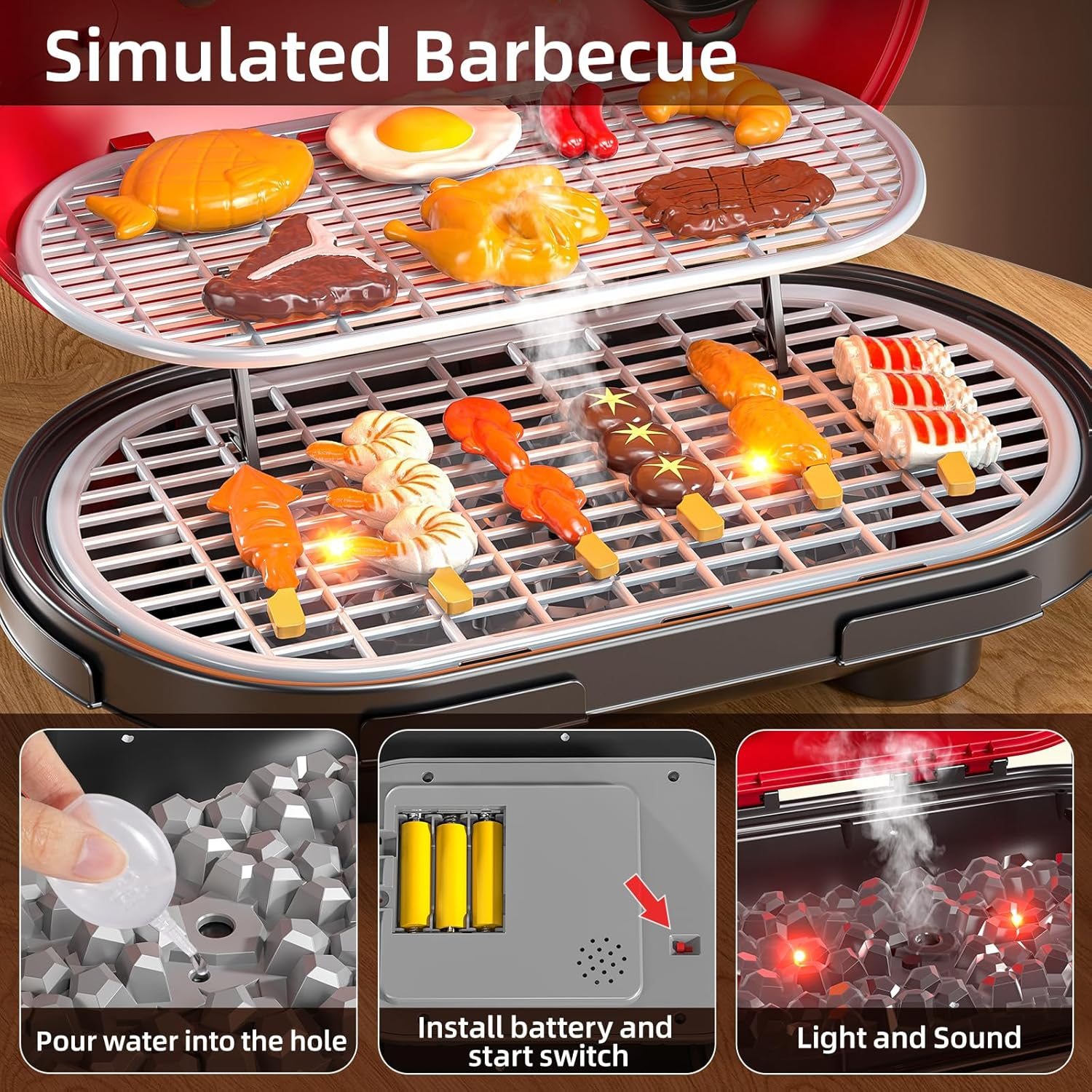 JUKUDAHU 65 PCS Play Kitchen Barbecue Toys Set for Kids Ages 3 4 5 6 7-2-Layer BBQ Grill Toys Play Food Set with Sound Smoke, Little Chef Cooking Pretend Play Gifts for Boys Girls 3-5 Indoor Outdoor image number 4