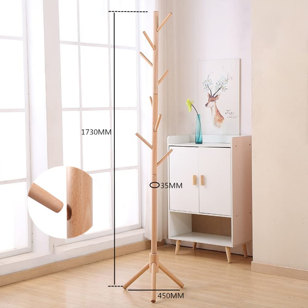 Joiena Wooden Coat Rack Tree with 8 Hooks, 3 Adjustable Sizes Free Standing, Solid Wood, Super Easy Assembly Hallway, Entryway Coat Hanger Stand for Clothes Suits (Wood)