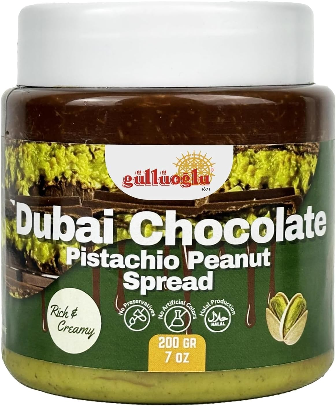 Gulluoglu Dubai Chocolate Pistachio Peanut Spread &ndash; Rich & Creamy Middle Eastern Chocolate Paste with Roasted Pistachios & Peanuts, 7 Oz (200G) Jar &ndash; Gourmet Halal Dessert image number 3