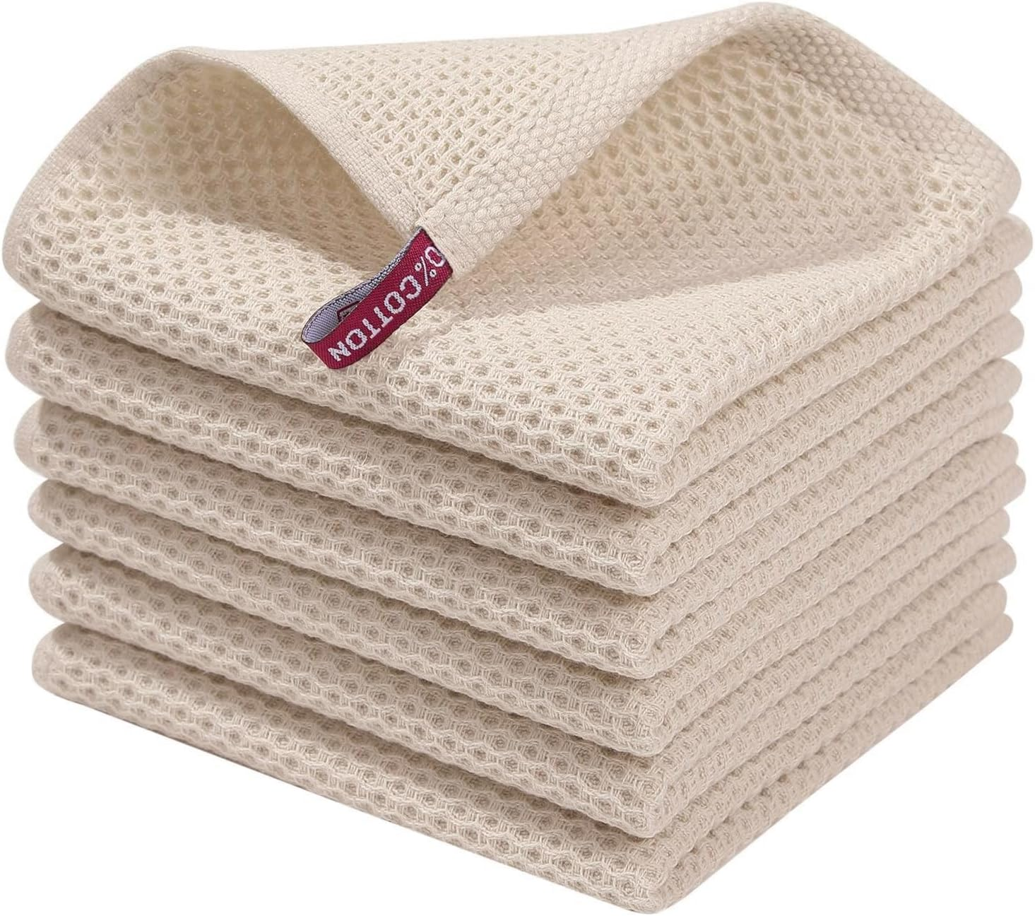 Homaxy 100% Cotton Waffle Weave Kitchen Dish Cloths, Ultra Soft Absorbent Quick Drying Dish Towels, 12X12 Inches, 6-Pack, Beige